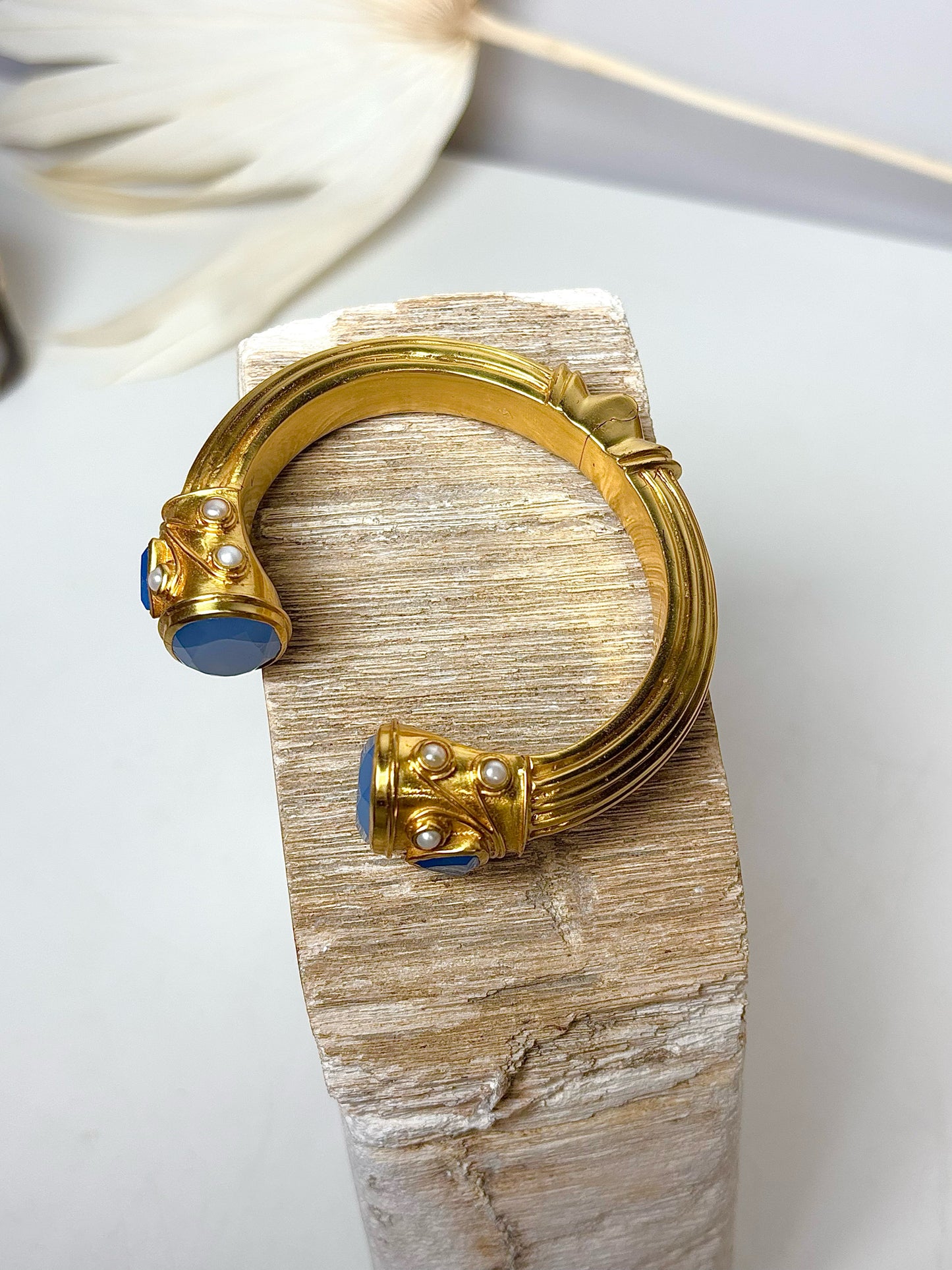 Gold Julie Vos 24K plated Cuff Blue Stone, Pearl Bracelet