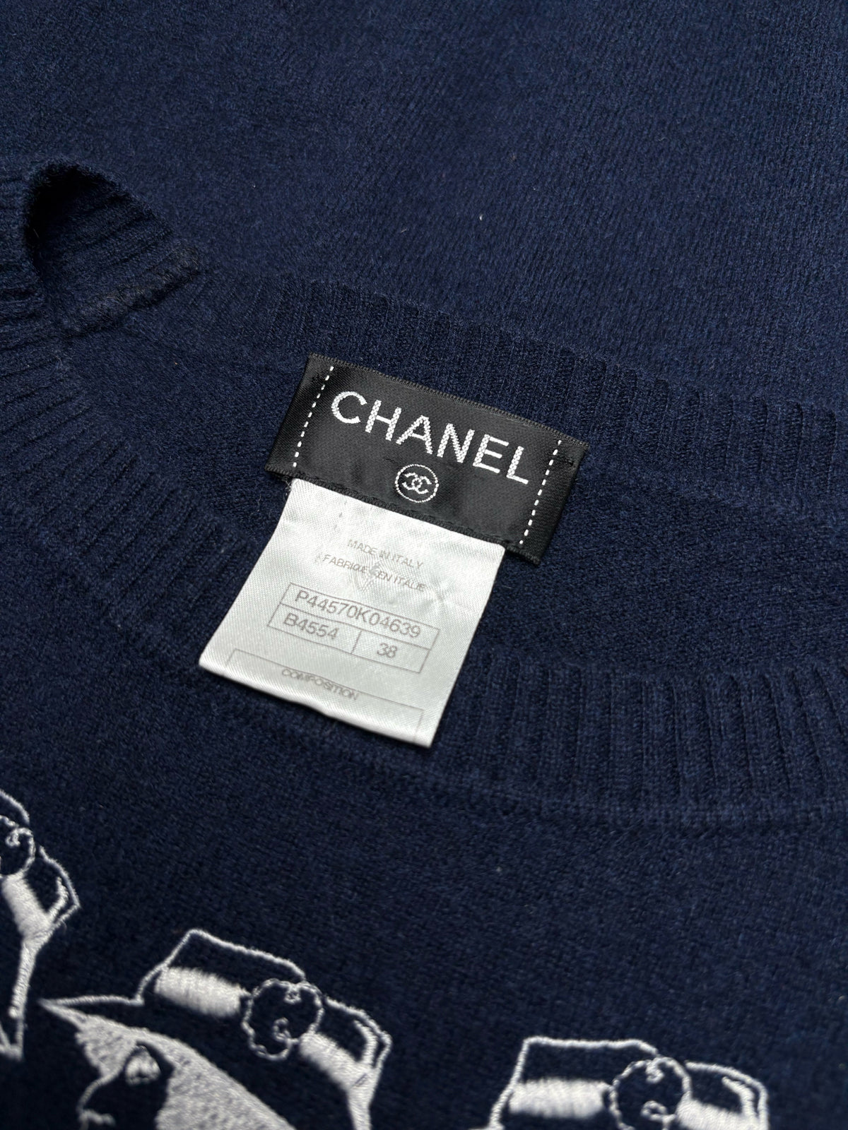 Women's Chanel 2012 Mademoiselle Coco Chanel Embroidered Blue Pure Cashmere Pre-Owned Sweater