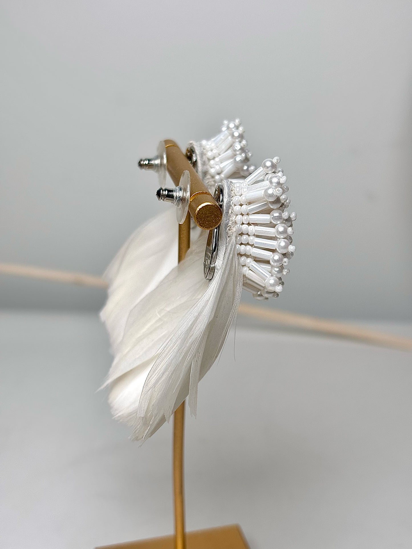 Migonne Gavigan White Feather, Beads Earrings