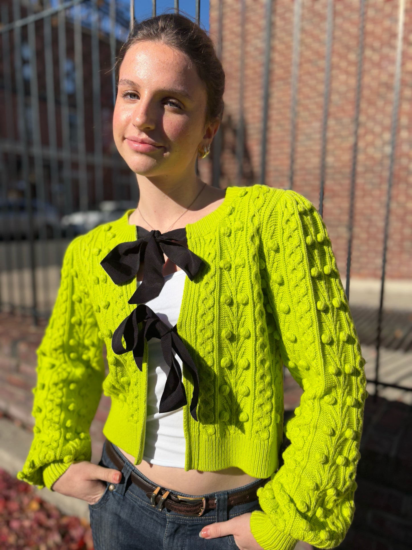 Women Size S/P Alice + Olivia Lime Green Knitted Pom Poms NWT Sweater