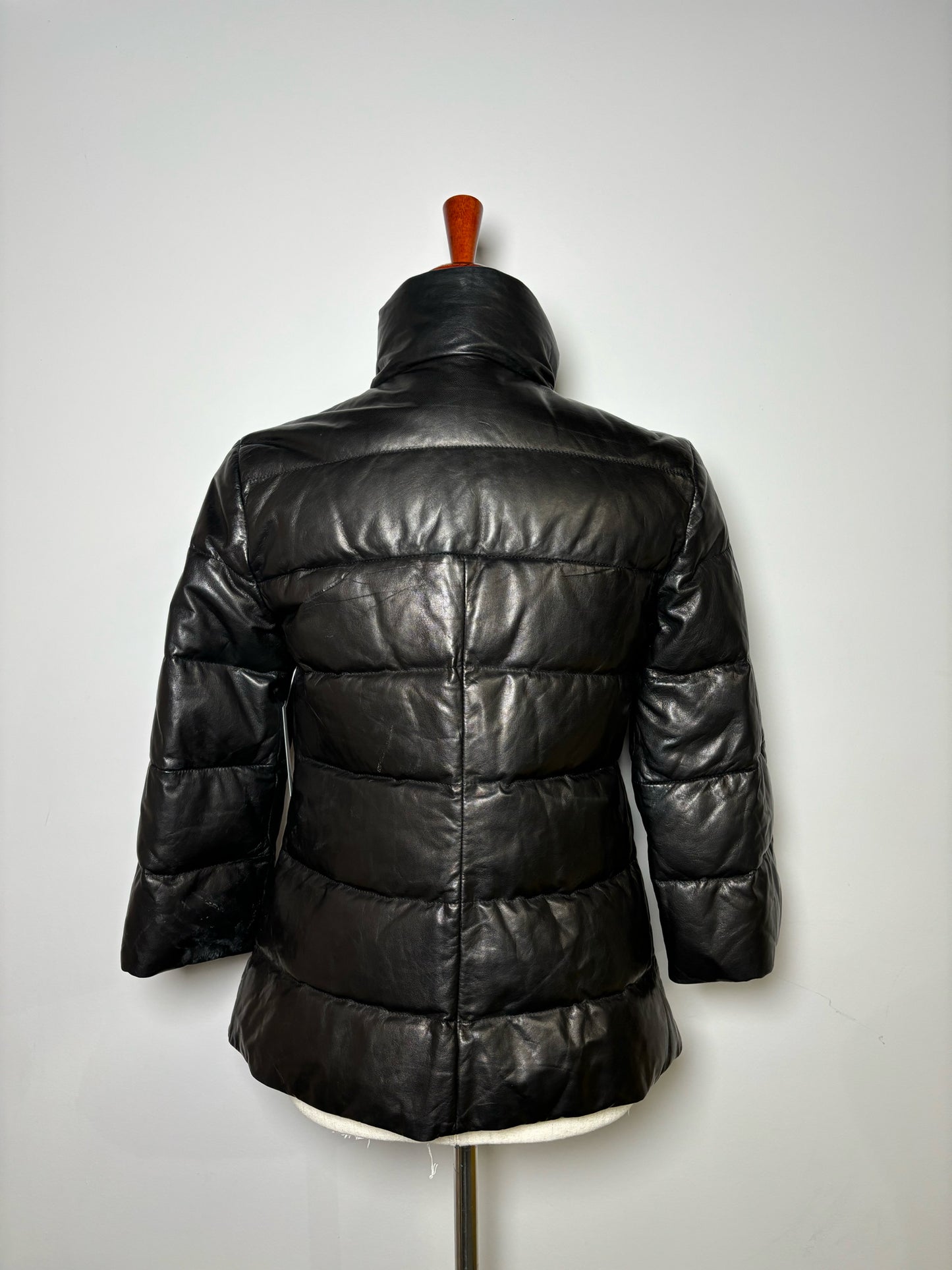 Women Size S June Black Solid Cowhide Leather Puffer Coat