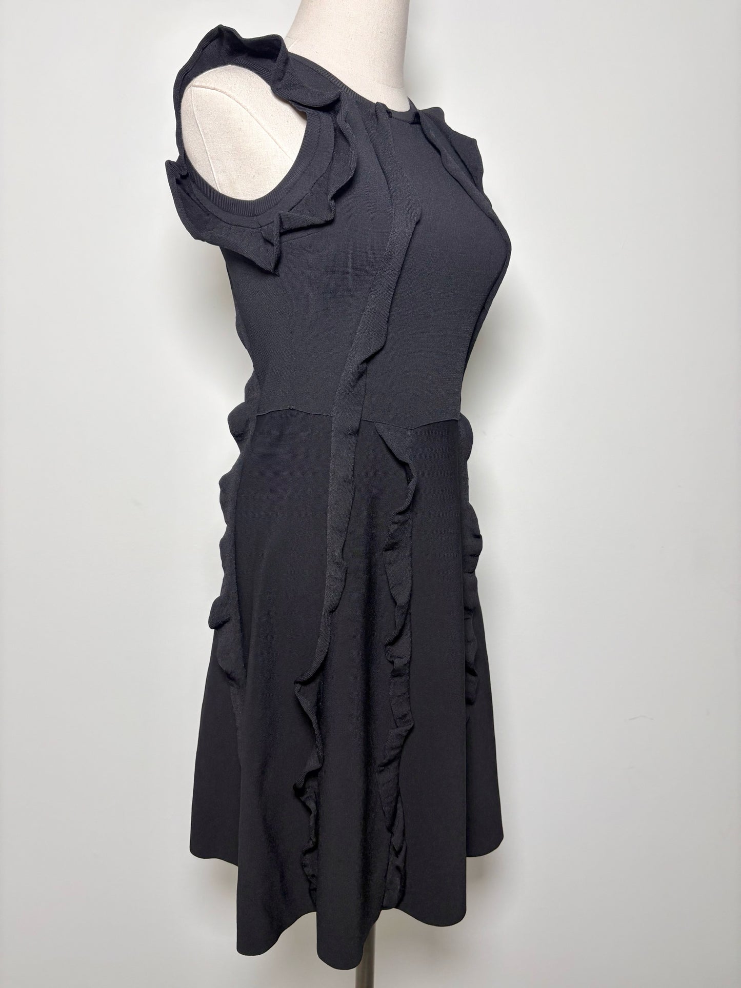 Women Size S Valentino Spa Black, Stretch Knit, Ruffles Sleeves Midi Dress