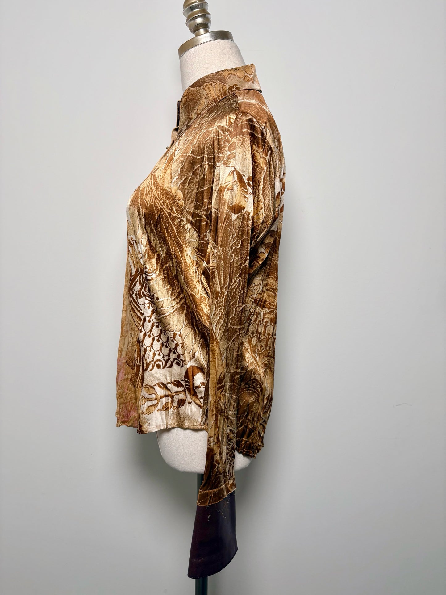 Women Size L Roberto Cavalli Brown, Tan, Pink Floral Print Silk Blouse