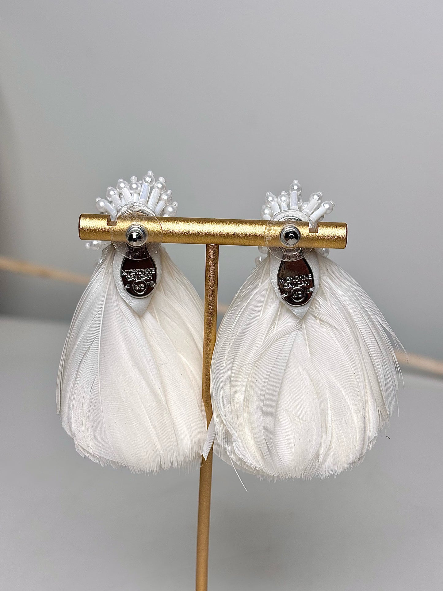 Migonne Gavigan White Feather, Beads Earrings