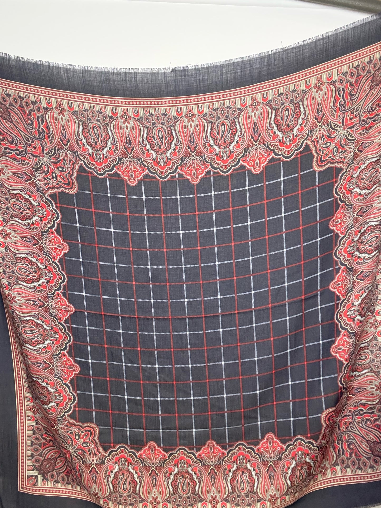 Burberrys' Paisley & Check Pure Wool Vintage RARE Pre-owned Square Navy Scarf