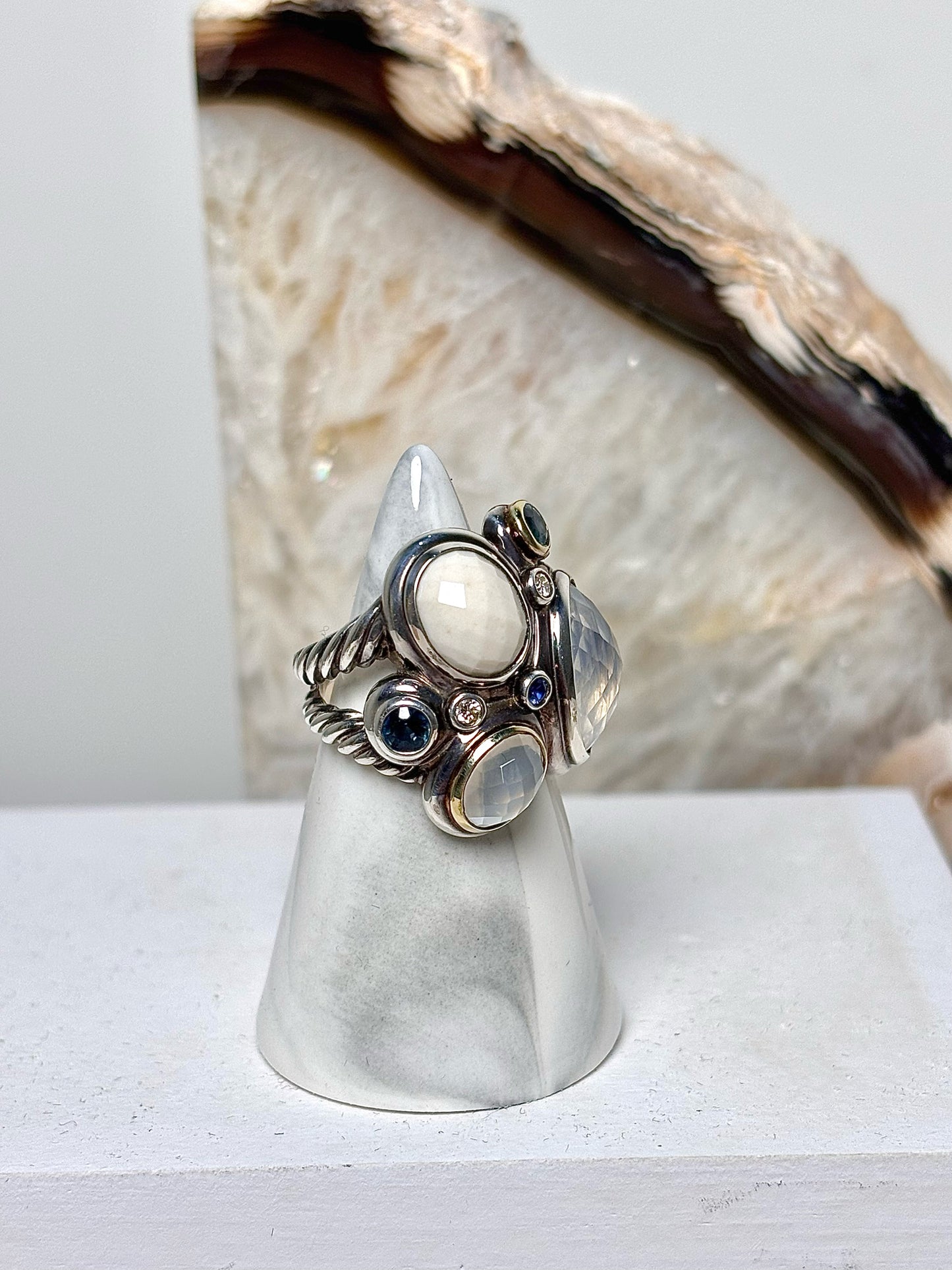 David Yurman White Agate, Moonstone, Quartz Sterling Silver 6 Ring