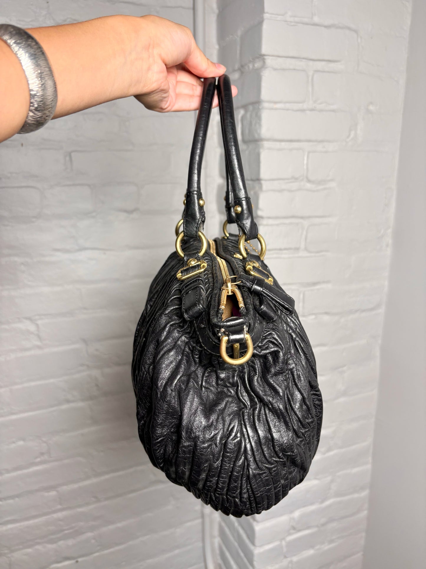 Coach Pleated Vintage Leather Black Handle#18620 Purse
