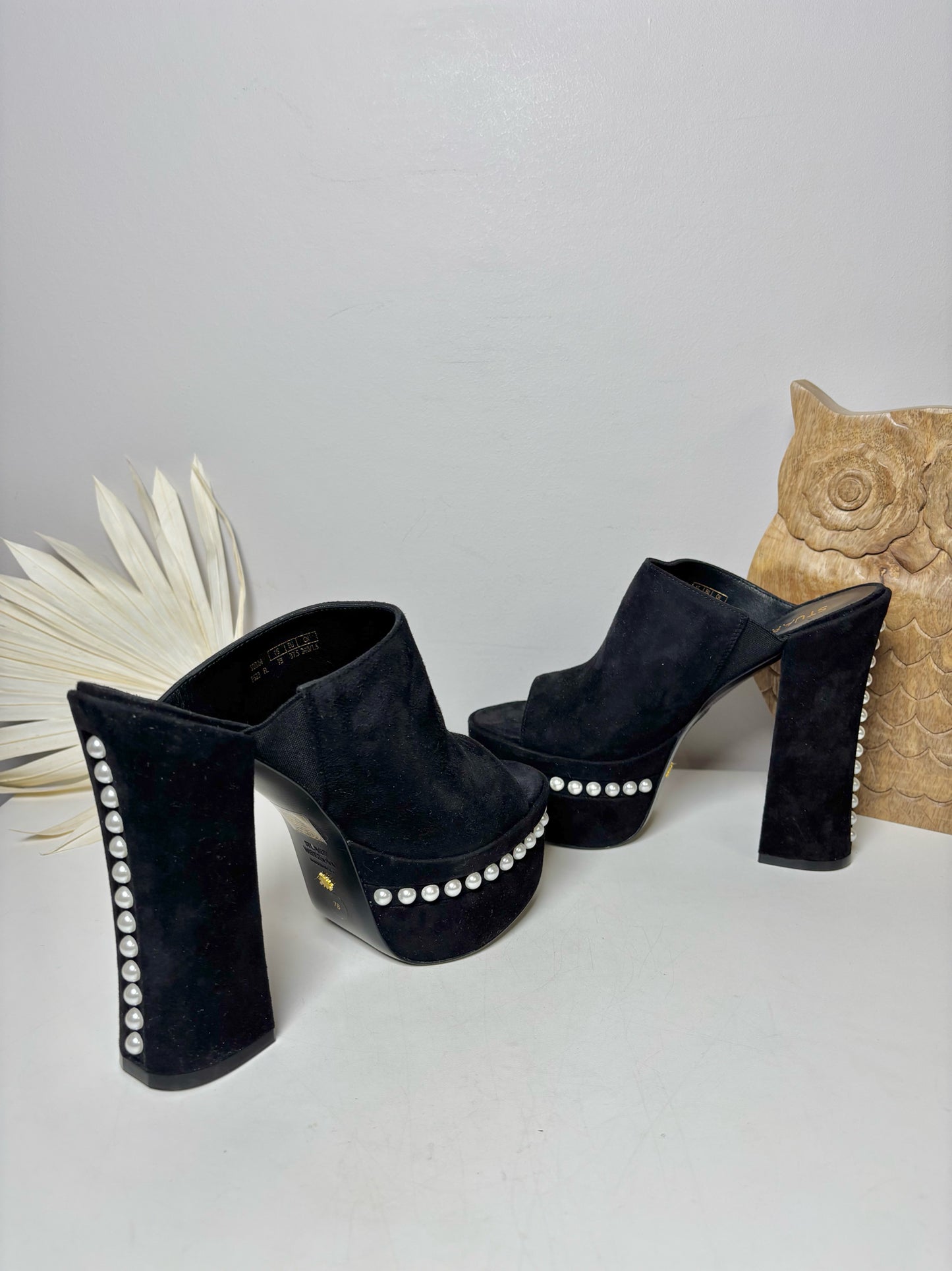 W Shoe Size 7 Stuart Weitzman Black Leather Suede Pearl Platform Slides
