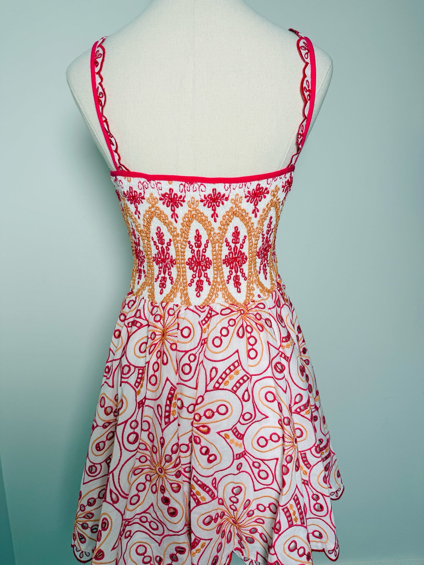 Women Size L Charo Ruiz Ibiza Pink, orange, white Eyelet Cotton Mini Dress