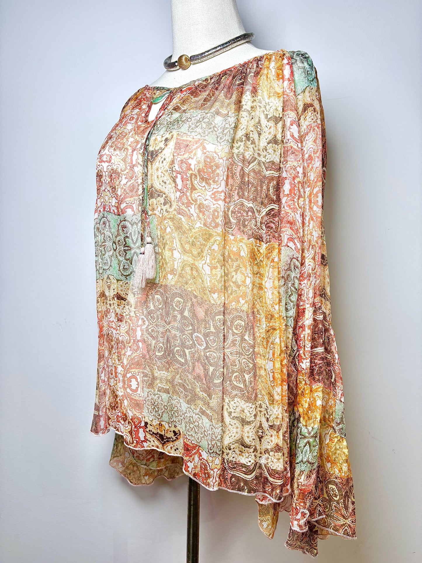 Women Size XL Johnny Was Orange Floral Silk Sheer Blouse