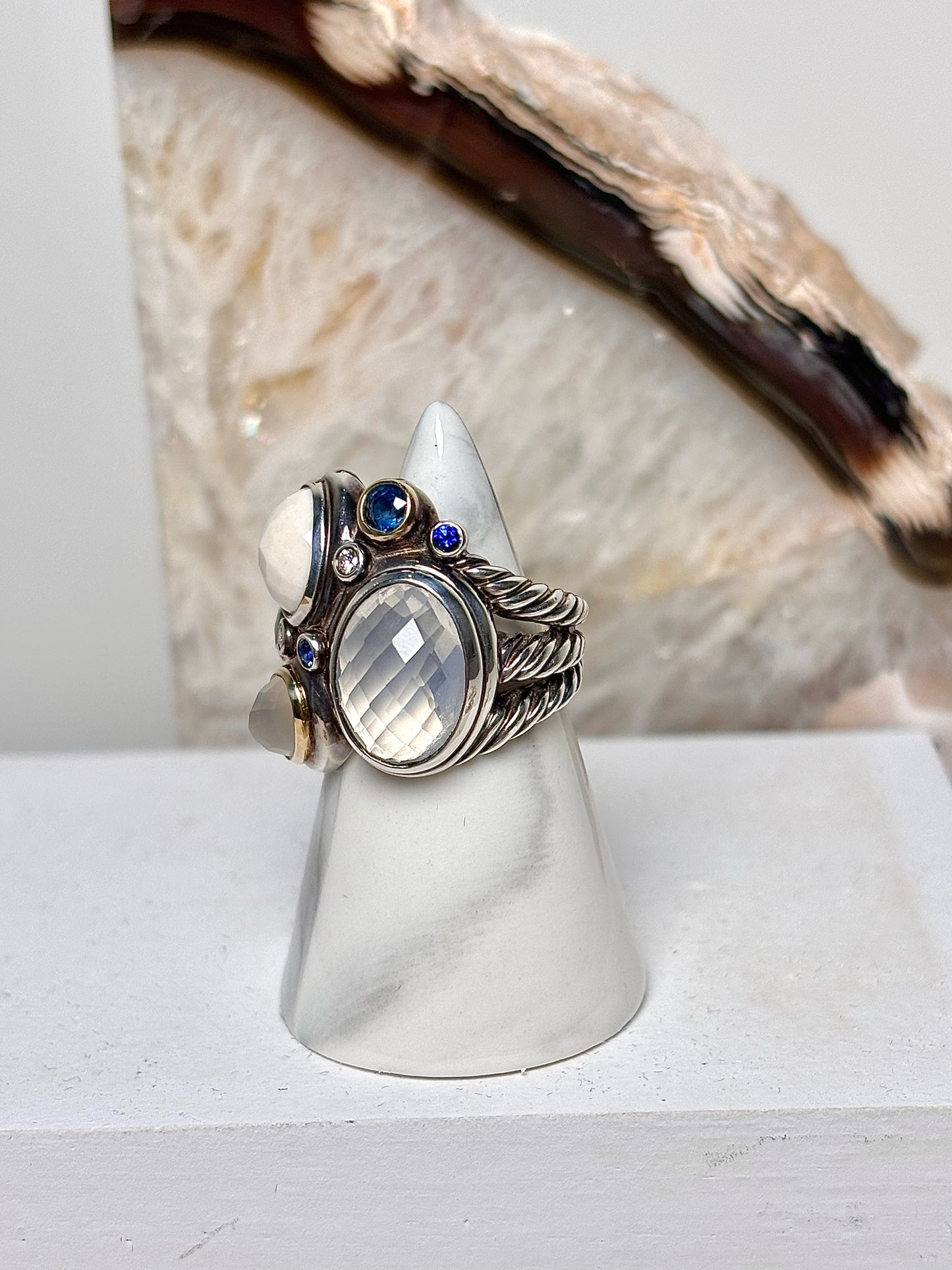 David Yurman White Agate, Moonstone, Quartz Sterling Silver 6 Ring