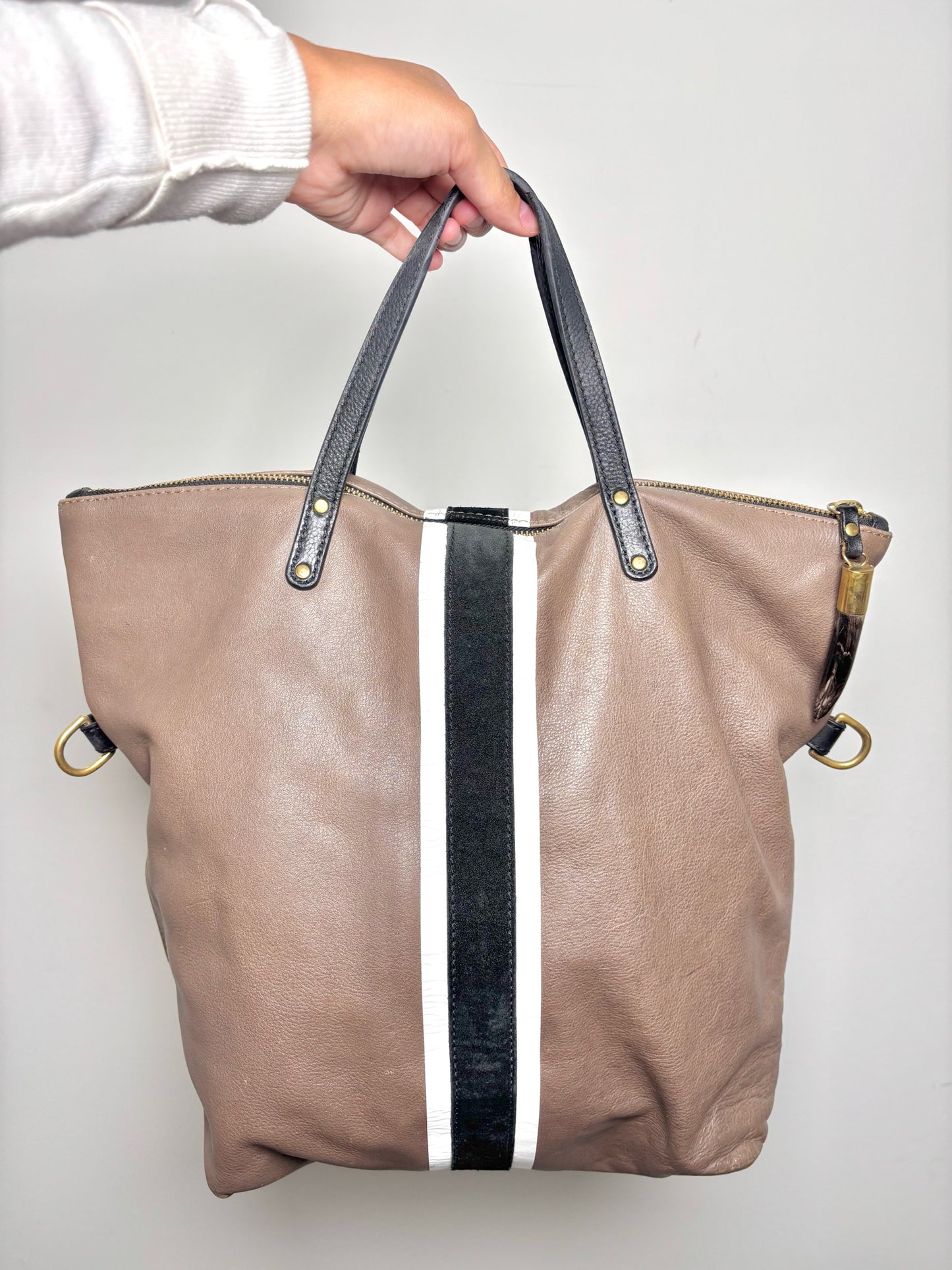 Kempton Solid w/Racer Stripe Leather Taupe Tote Purse