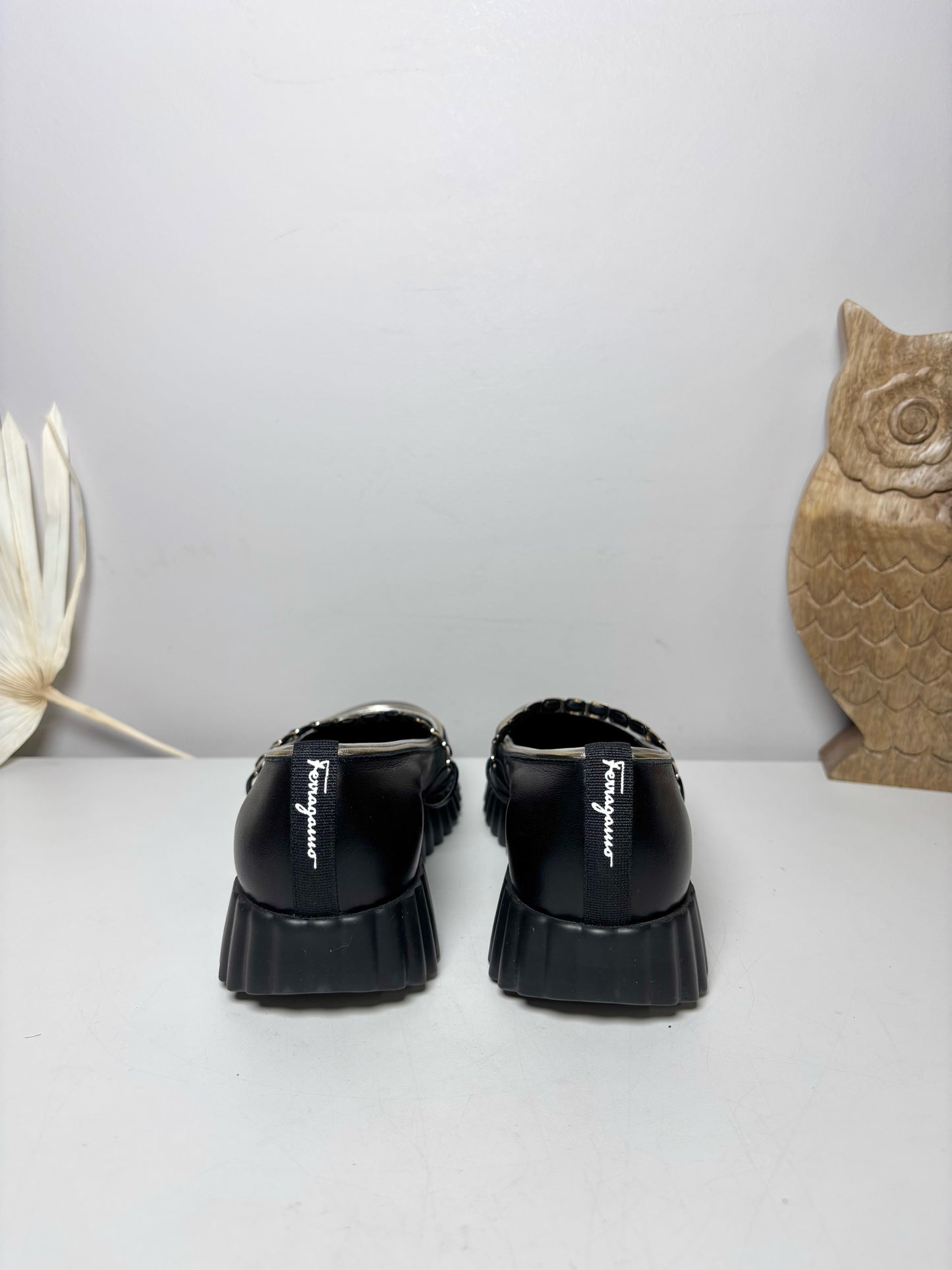 W Shoe Size 6.5 Salvatore Ferragamo Black Leather Mary Jane Slip-ons