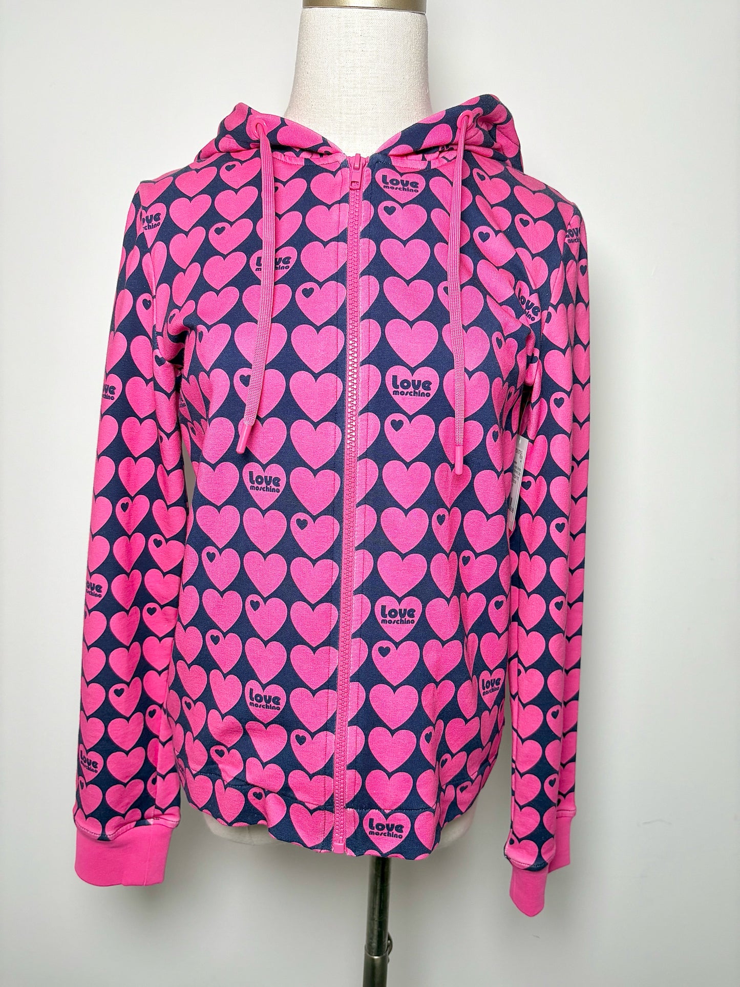 Women Size 4 (S) Love Moschino Pink, blue Hearts Cotton NWT Jacket