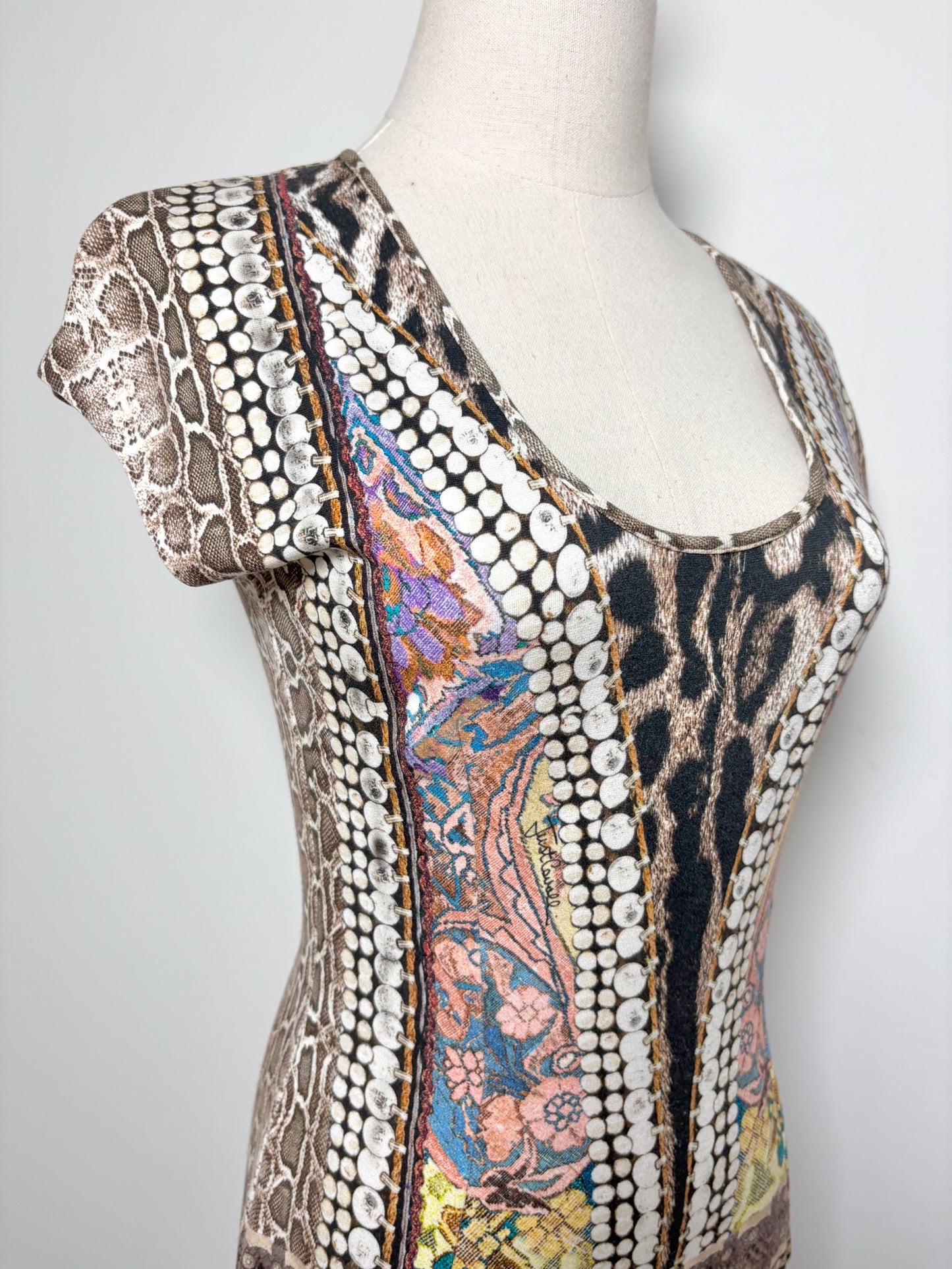 Women Size S Just Cavalli Brown Animal Print Cotton Scoop Neck Mini Dress