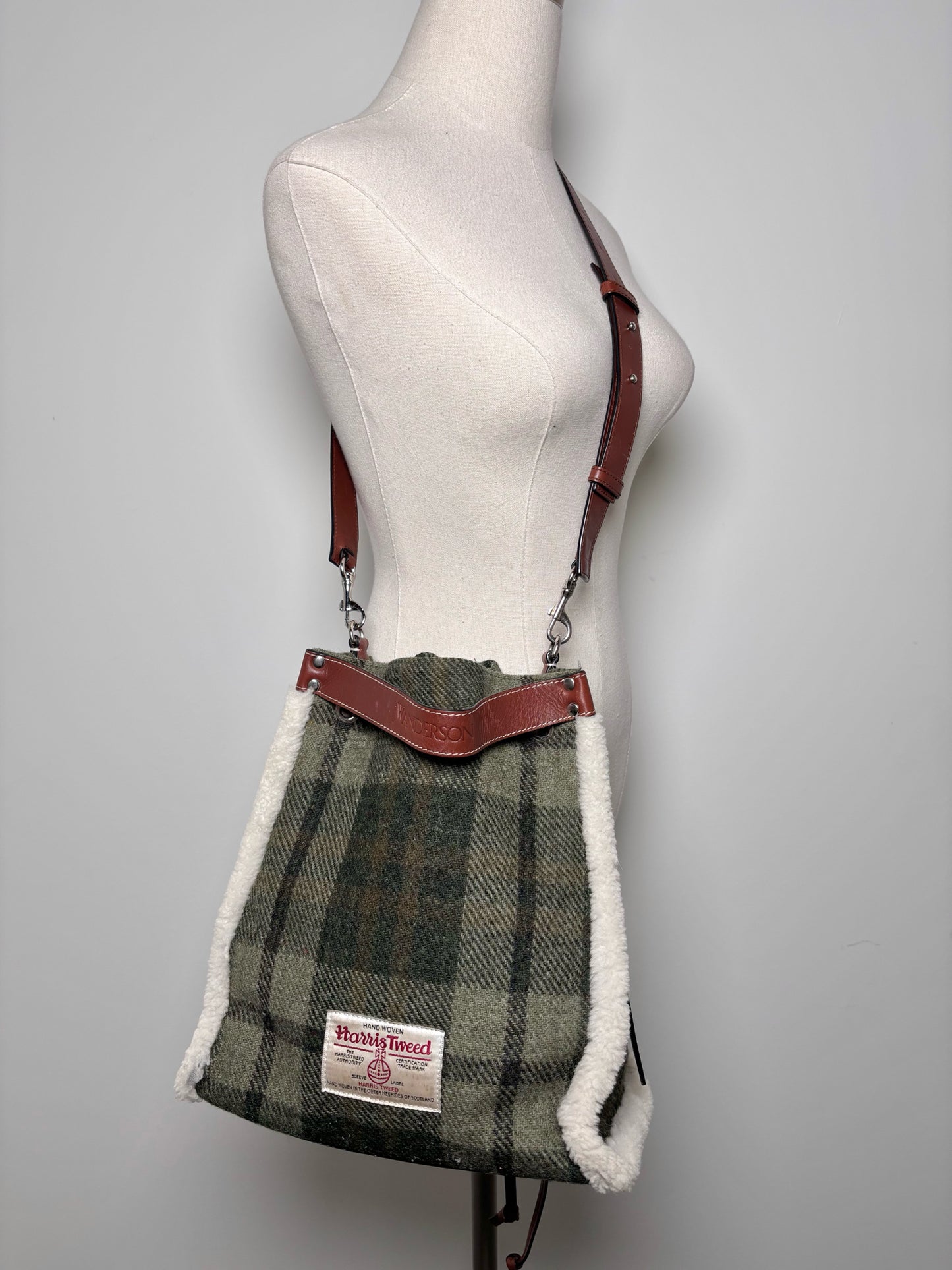 JW Anderson Plaid Wool Green Leather Bucket Purse