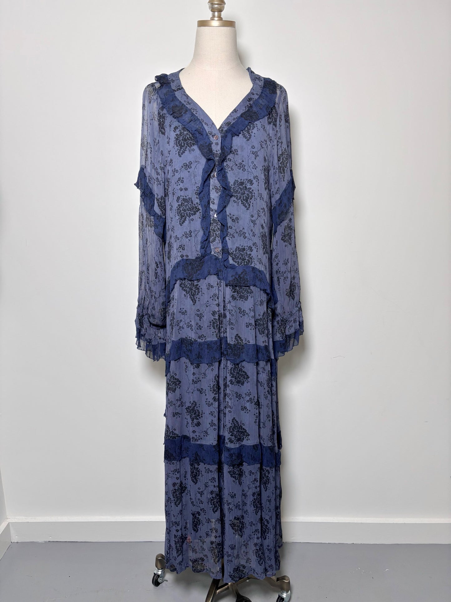 Women Size L Sundance Blue, Black Floral Print Cupro Dress