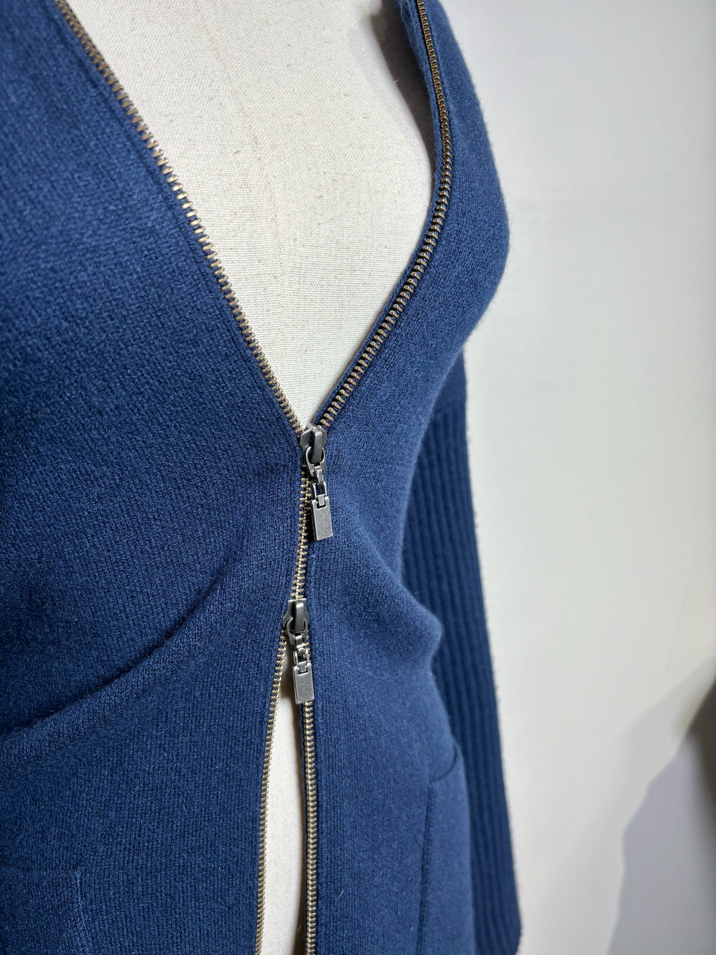Women Size M Kinross Navy Blue Ribbed Zip Front Hoodie Cashmere Sweater