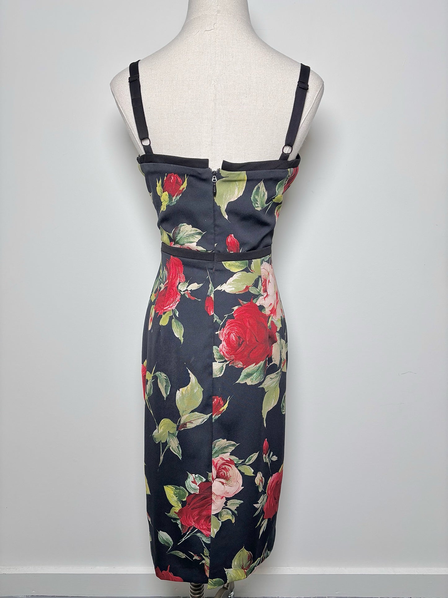 Women Size 4 Black Halo Black Floral Print Sheath Midi Dress