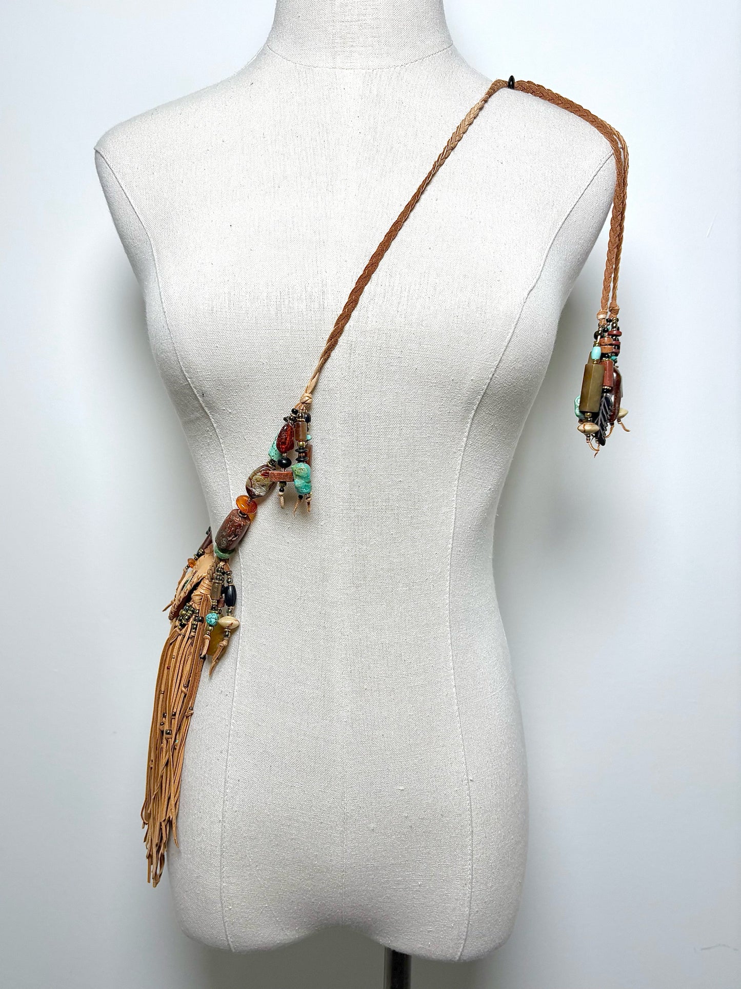 No Label Native American Leather, Camel Fringe, Turquoise, Jasper Purse