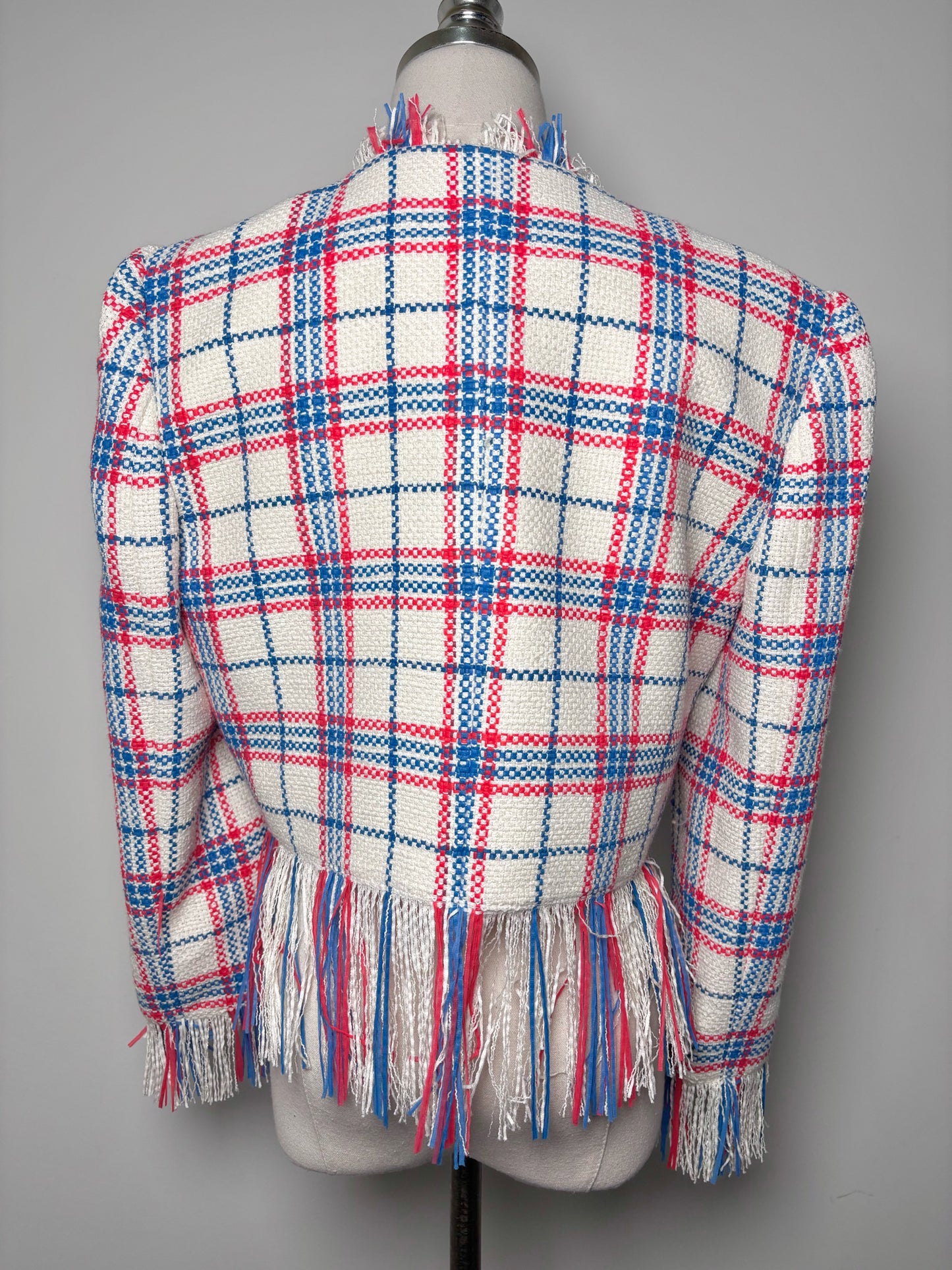 Women Size 10 Veronica Beard Cream, Blue, Red Checkered, Fringed Blazer