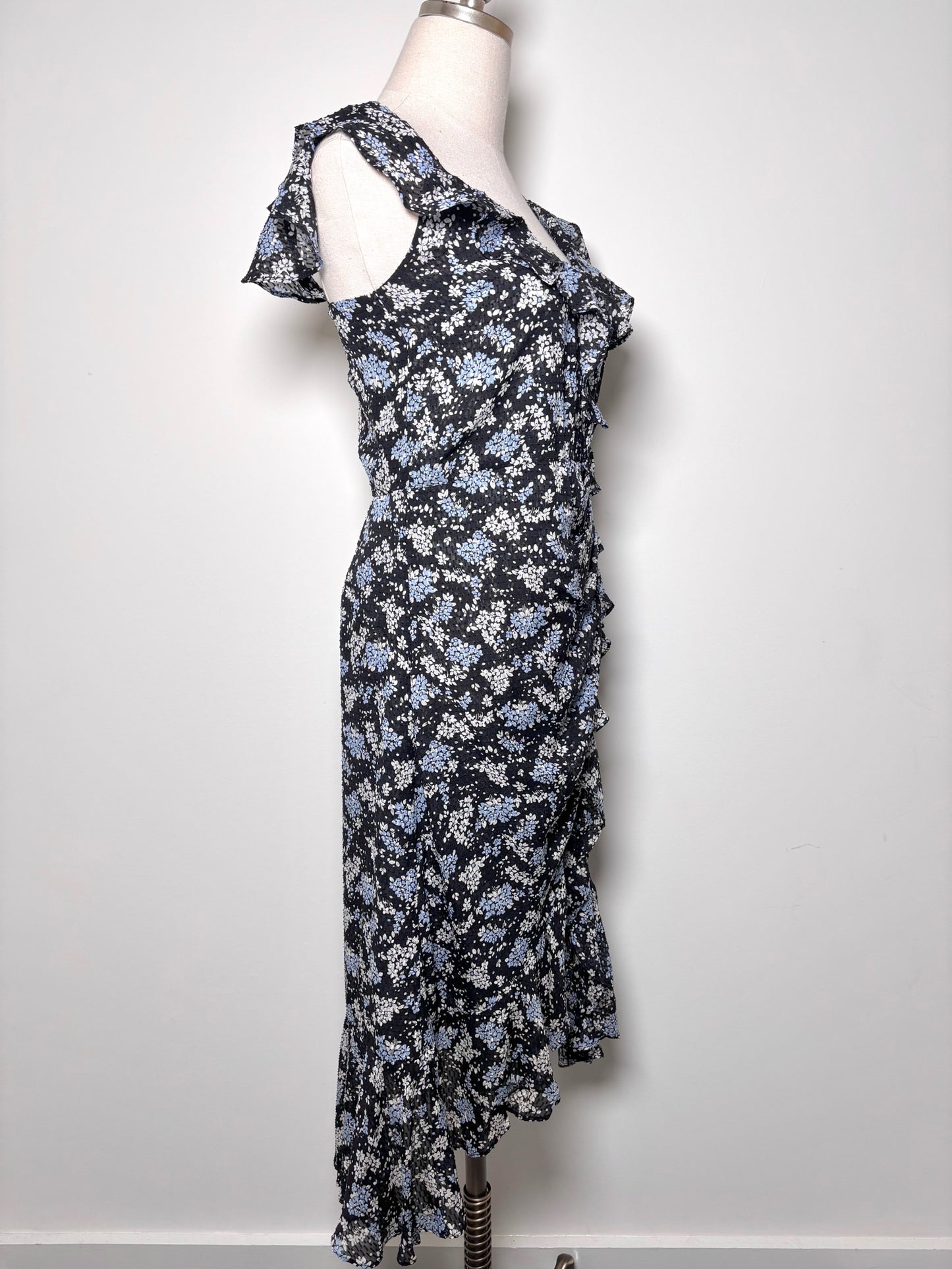 Women Size 2 Veronica Beard Blue, Black, White Floral Silk Dress