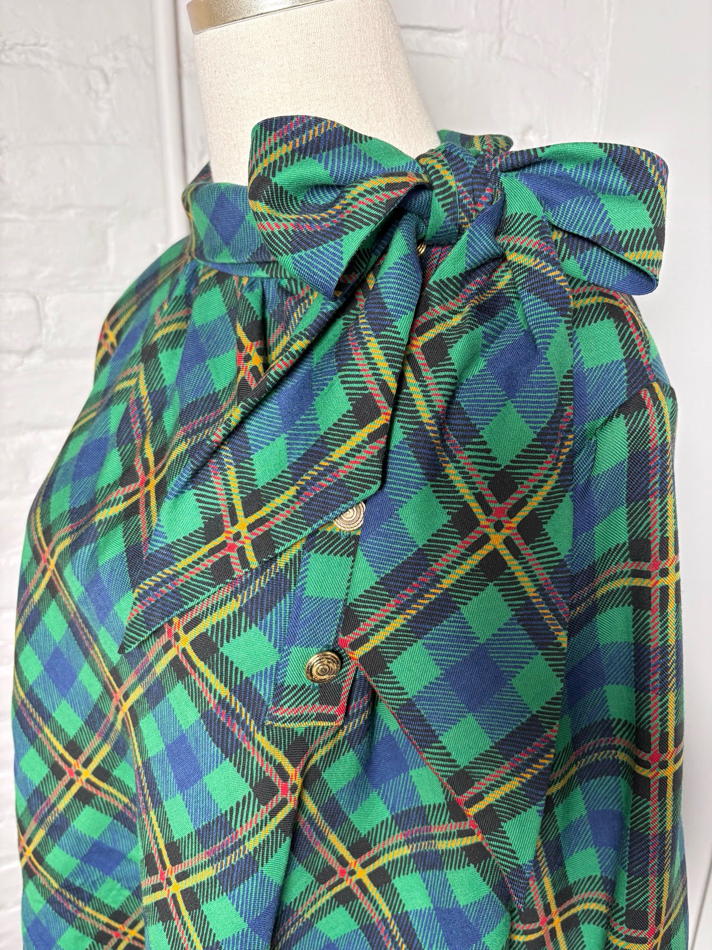 Women Size 44 (12-14) Saint Laurent Green Plaid Vintage Top