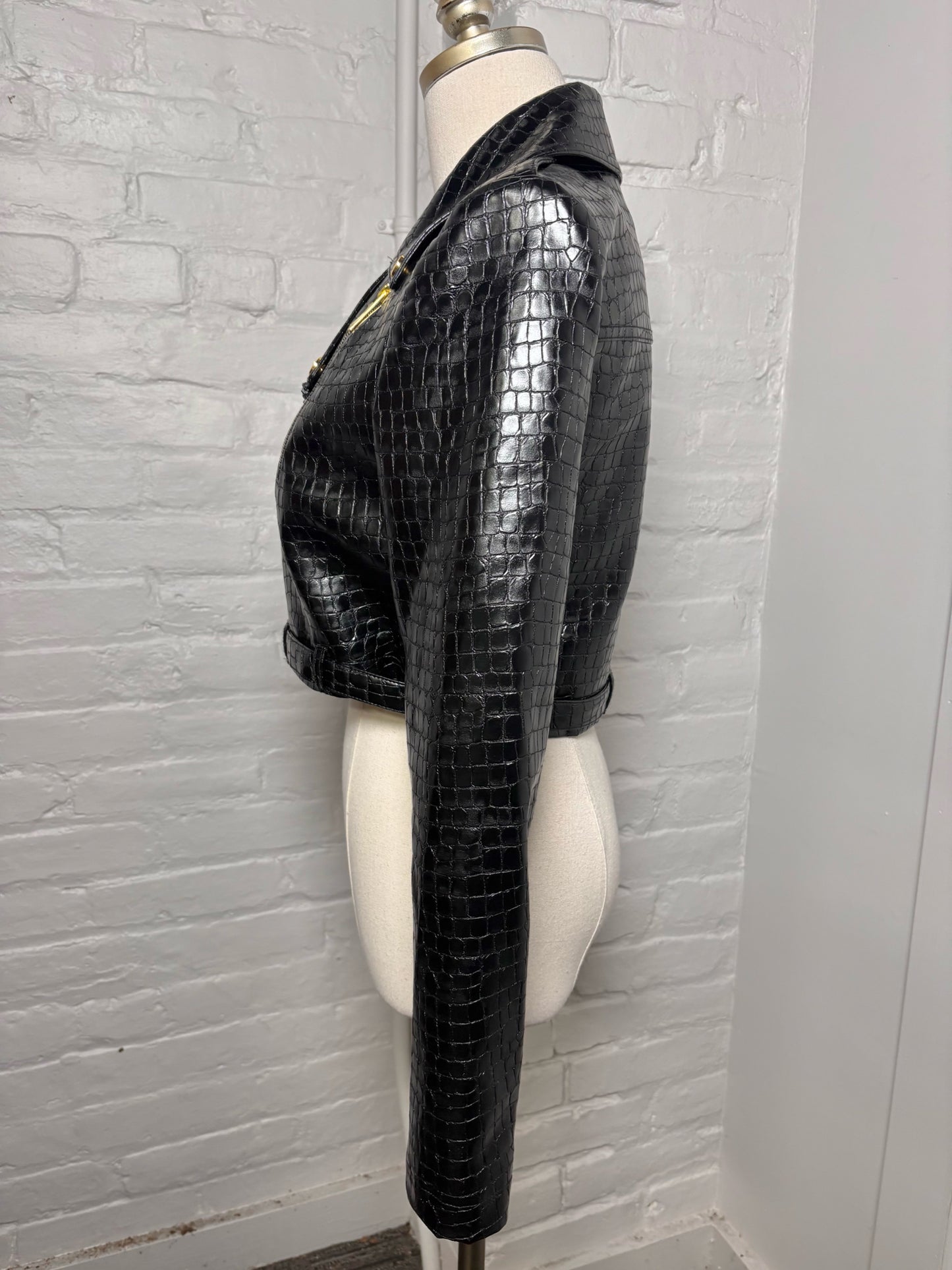 Women Size M Alice + Olivia Black Croc Embossed Faux Leather Moto Jacket
