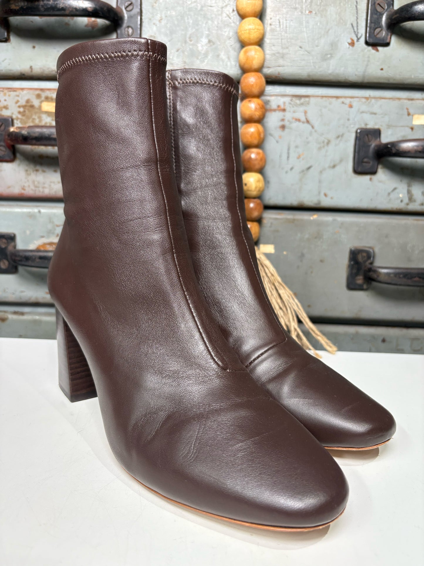 W Shoe Size 9 Loeffler Randall Elise Brown Leather Stretch Ankle Boots