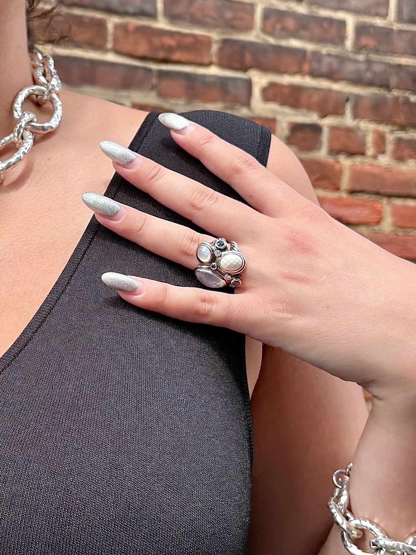David Yurman White Agate, Moonstone, Quartz Sterling Silver 6 Ring