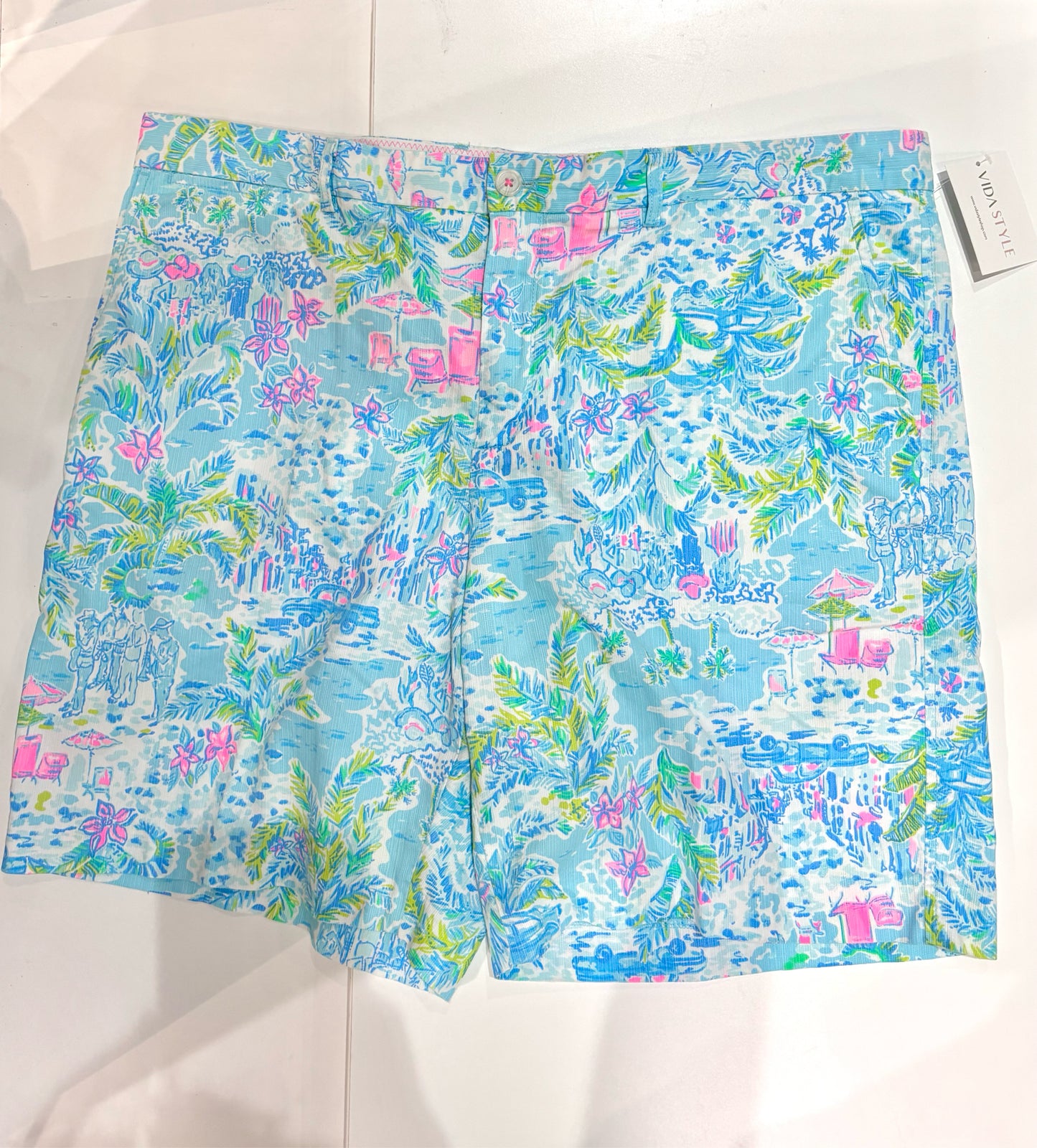 Lilly Pulitzer Turquoise, Pink, Blue Cotton Tropical Men's XXL Shorts