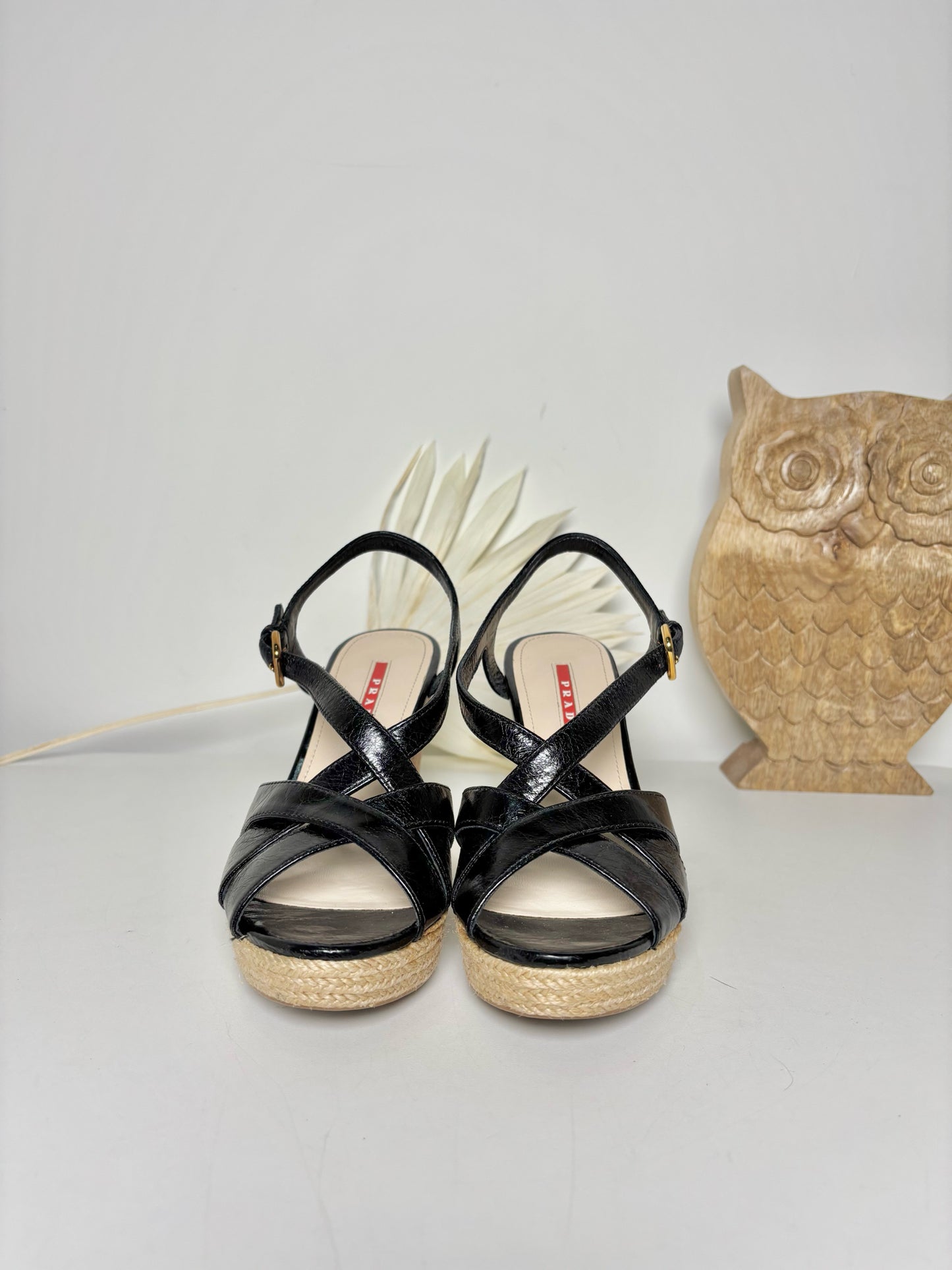 W Shoe Size 38.5 Prada Black Leather & Wicker Pre-owned Wedges