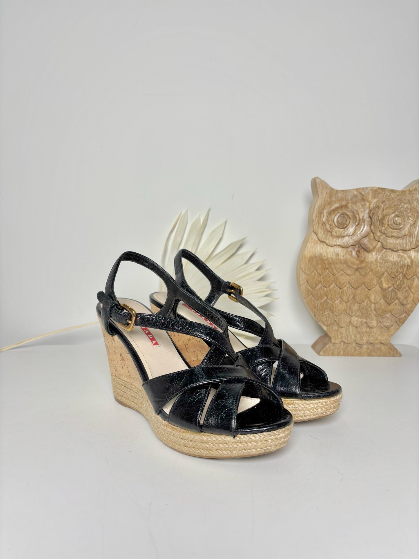 W Shoe Size 38.5 Prada Black Leather & Wicker Pre-owned Wedges