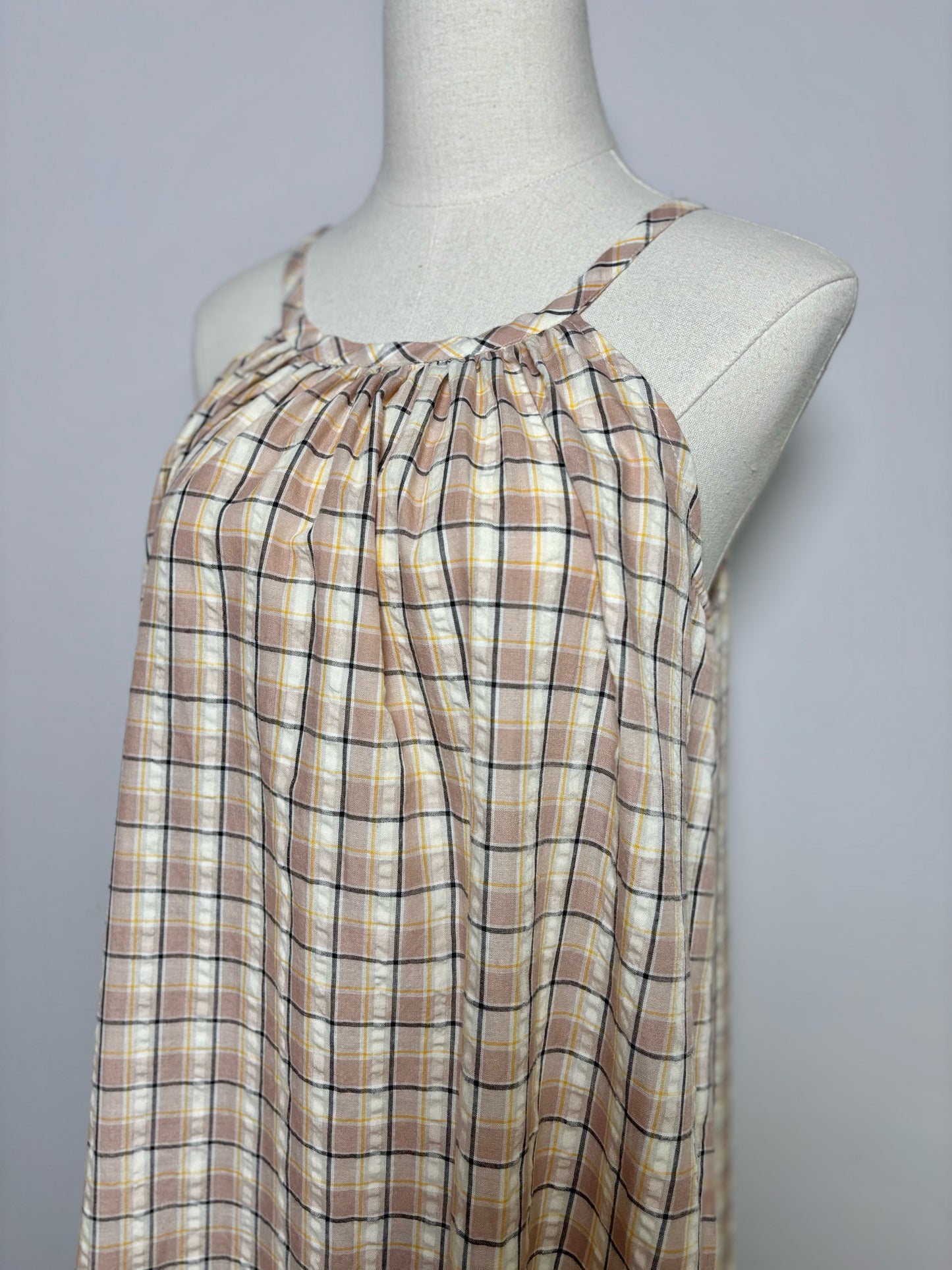Women Size XS Sundays Taupe, Cream, Black, Yellow Checkered NWT Dress