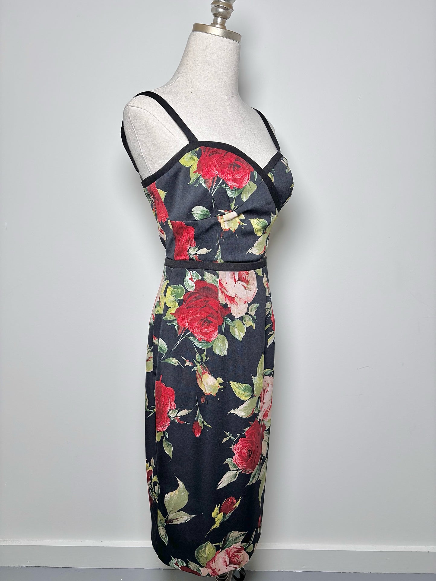 Women Size 4 Black Halo Black Floral Print Sheath Midi Dress