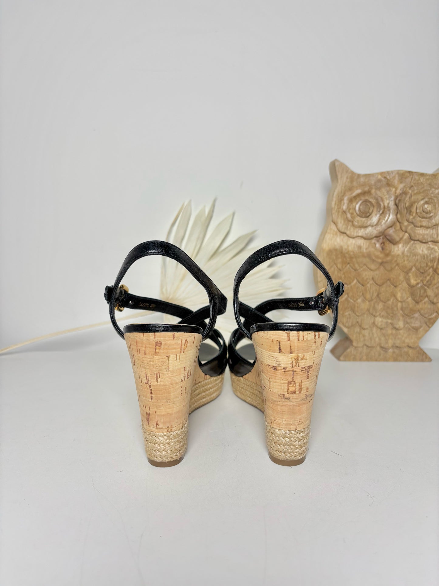 W Shoe Size 38.5 Prada Black Leather & Wicker Pre-owned Wedges