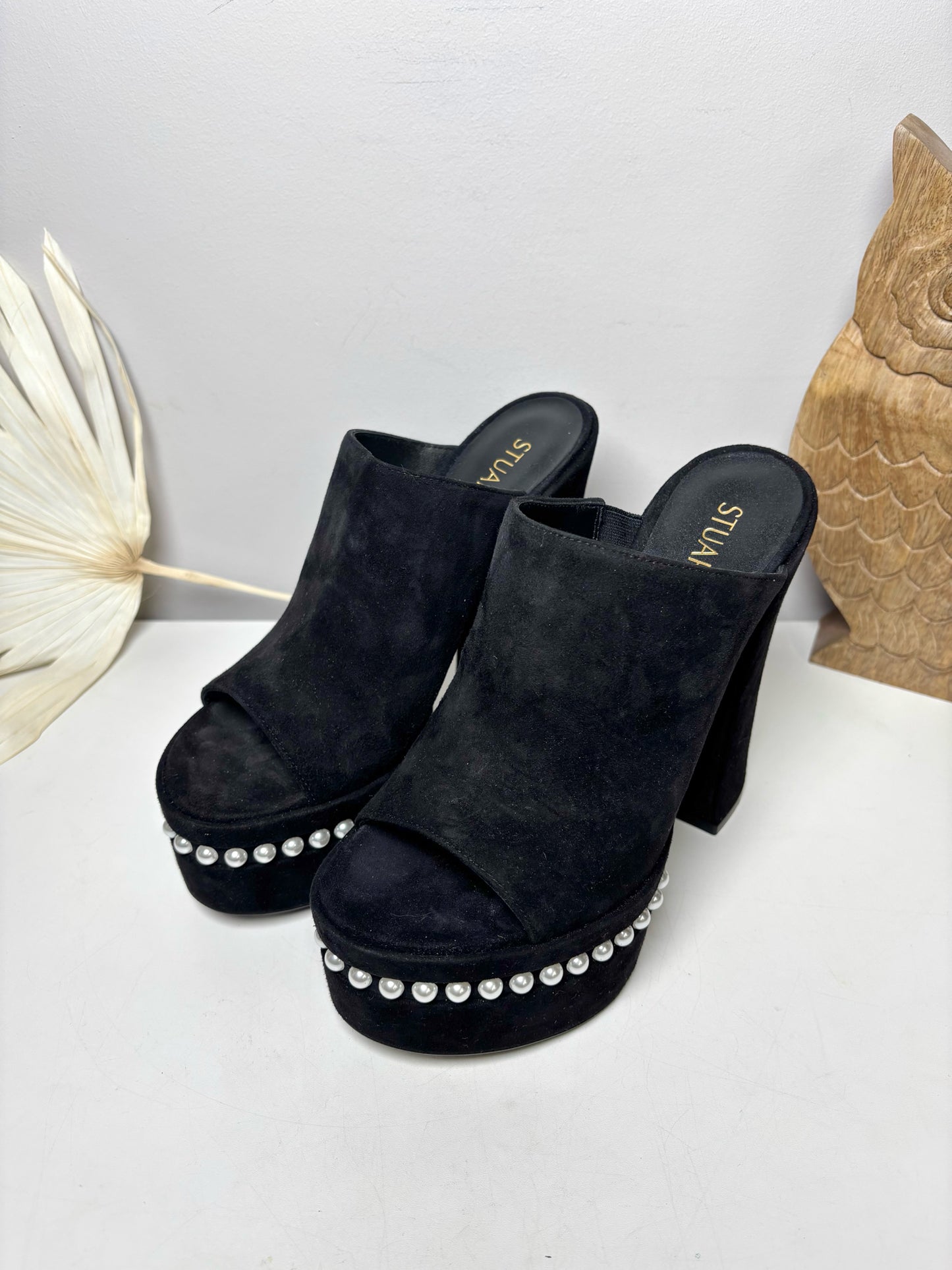 W Shoe Size 7 Stuart Weitzman Black Leather Suede Pearl Platform Slides