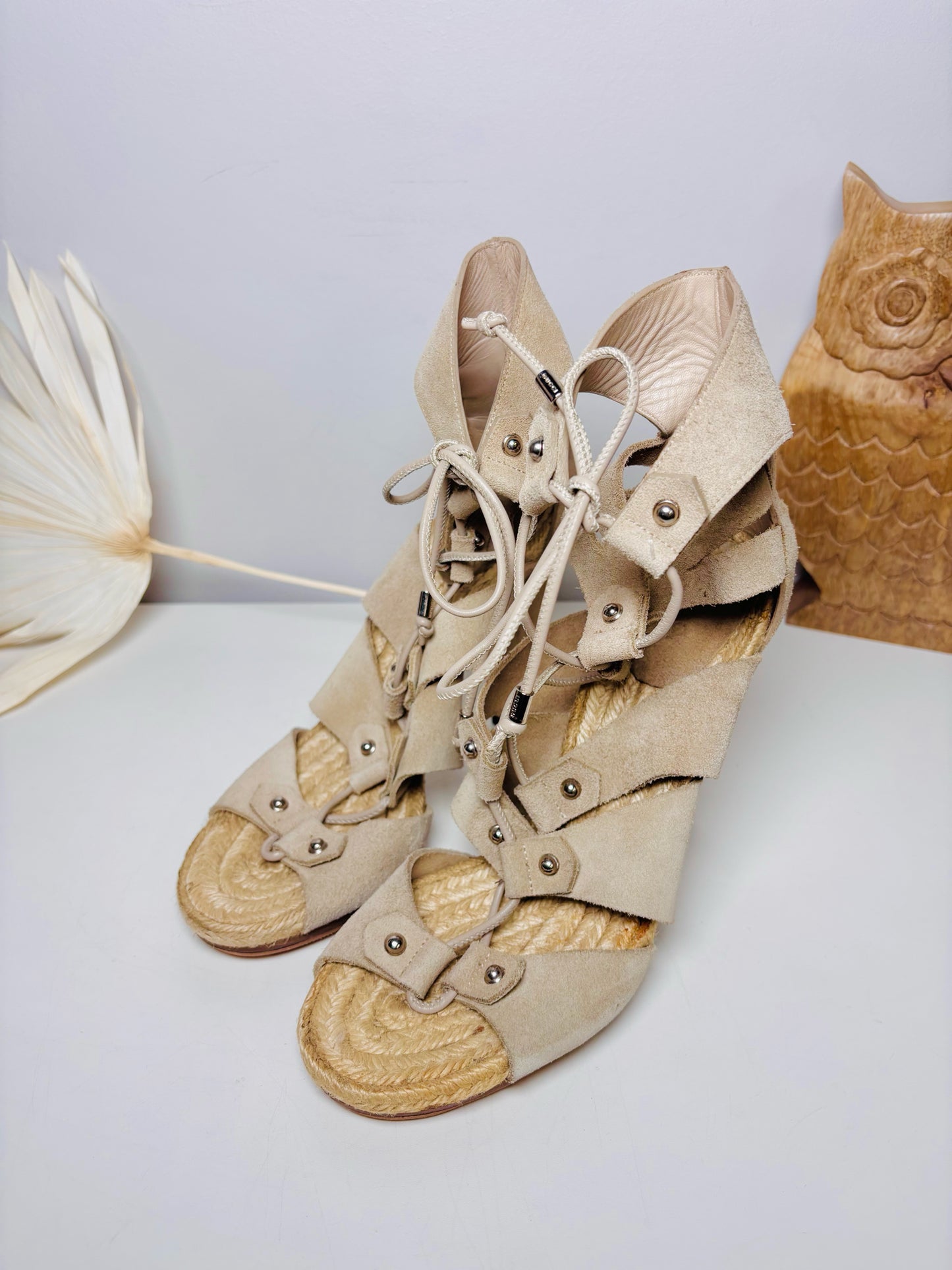 W Shoe Size 40 (9.5, US) Gucci Khaki Leather Suede Jasmine Lace Espadrille Heels