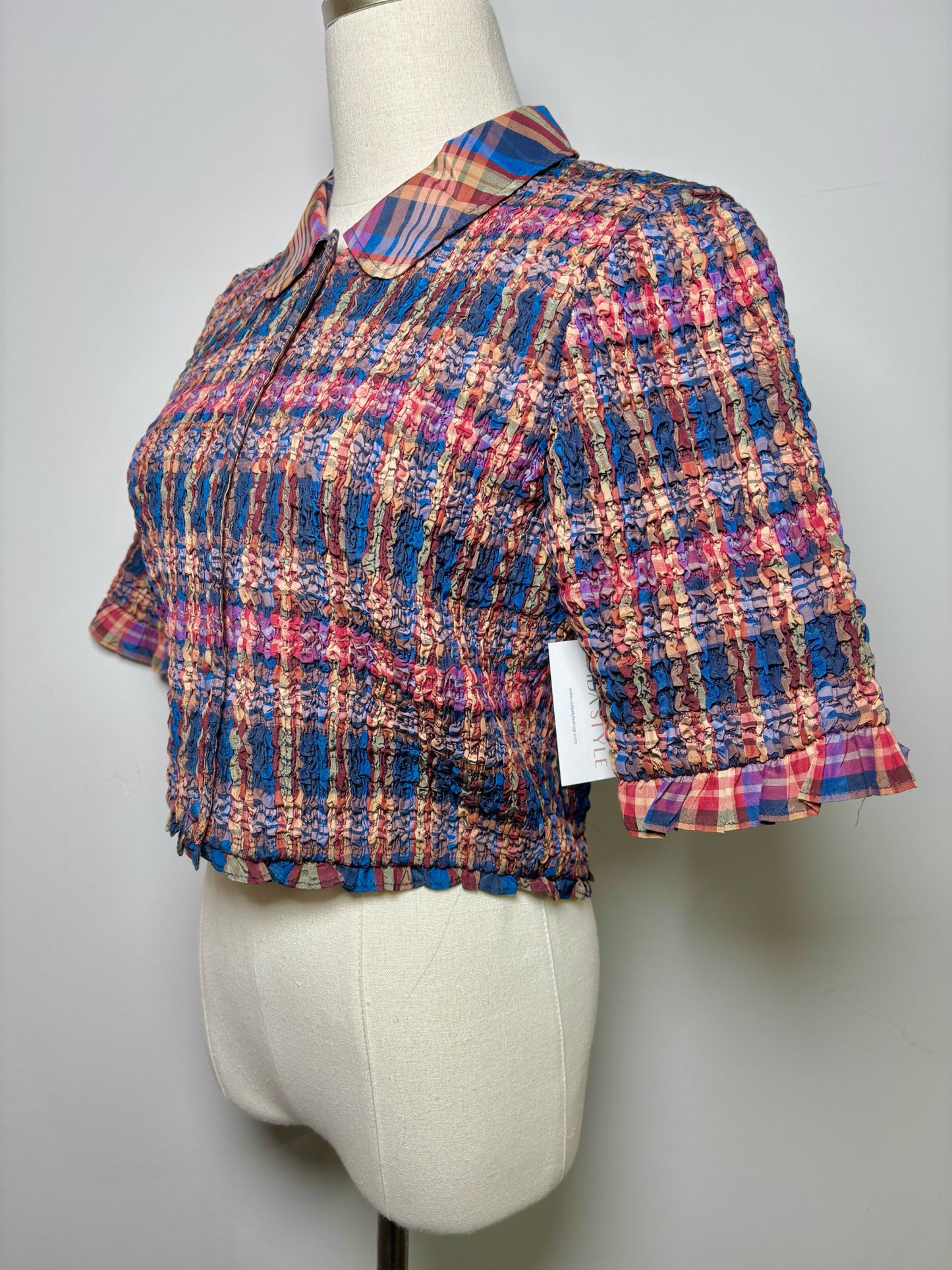 Women Size 8 Ulla Johnson Blue, Burgundy, Purple Plaid Ruched Jules Crop Top