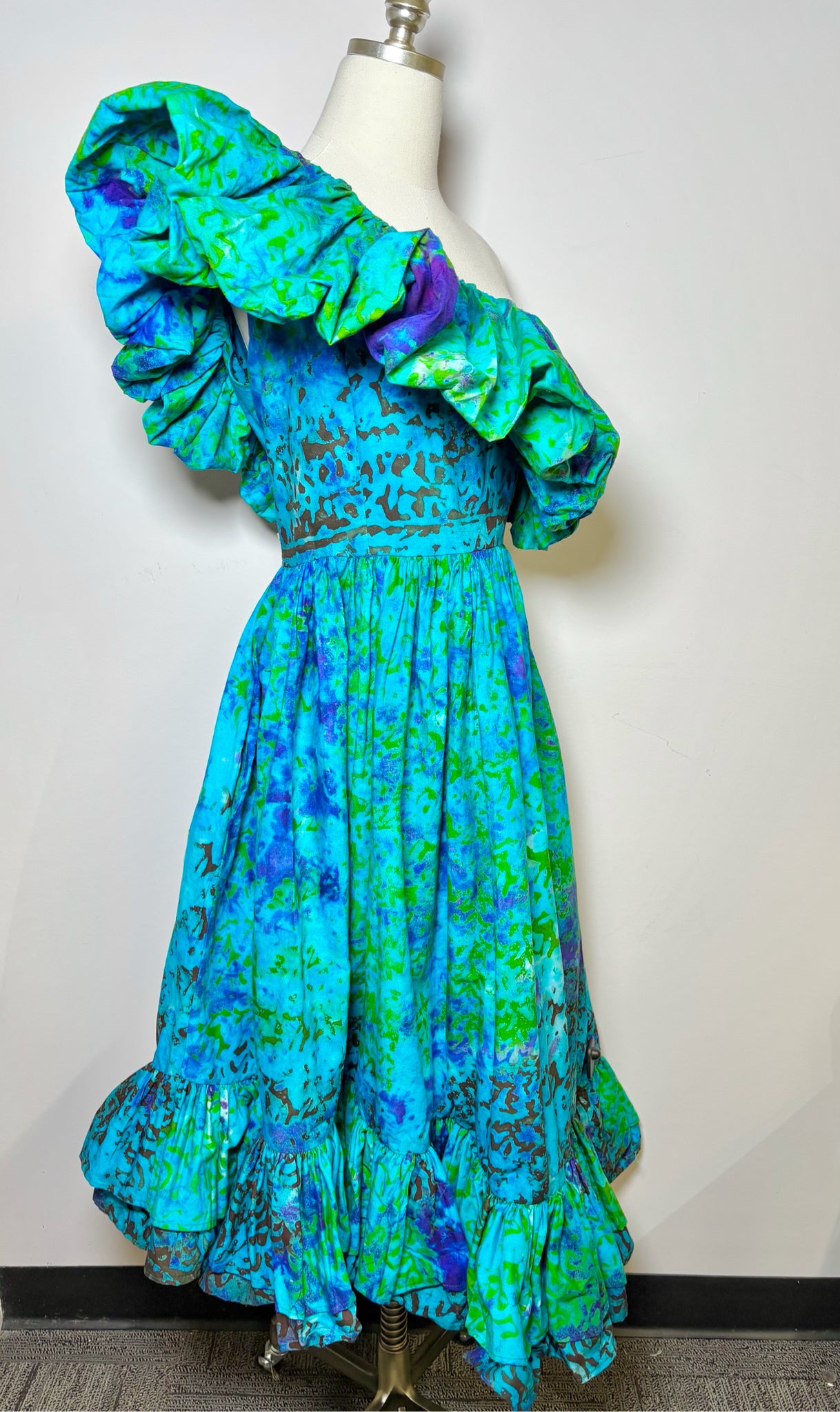 Women Size XL SIKA Blue, Green Print Cotton One Shoulder Dress