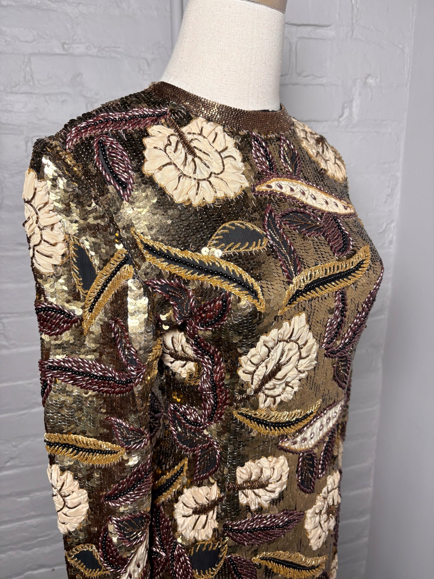 Women Size XS I. Magnin Gold Multi-Beads Vintage Dress