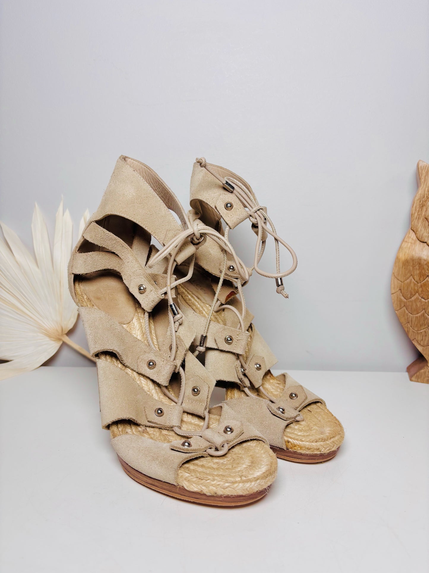 W Shoe Size 40 (9.5, US) Gucci Khaki Leather Suede Jasmine Lace Espadrille Heels