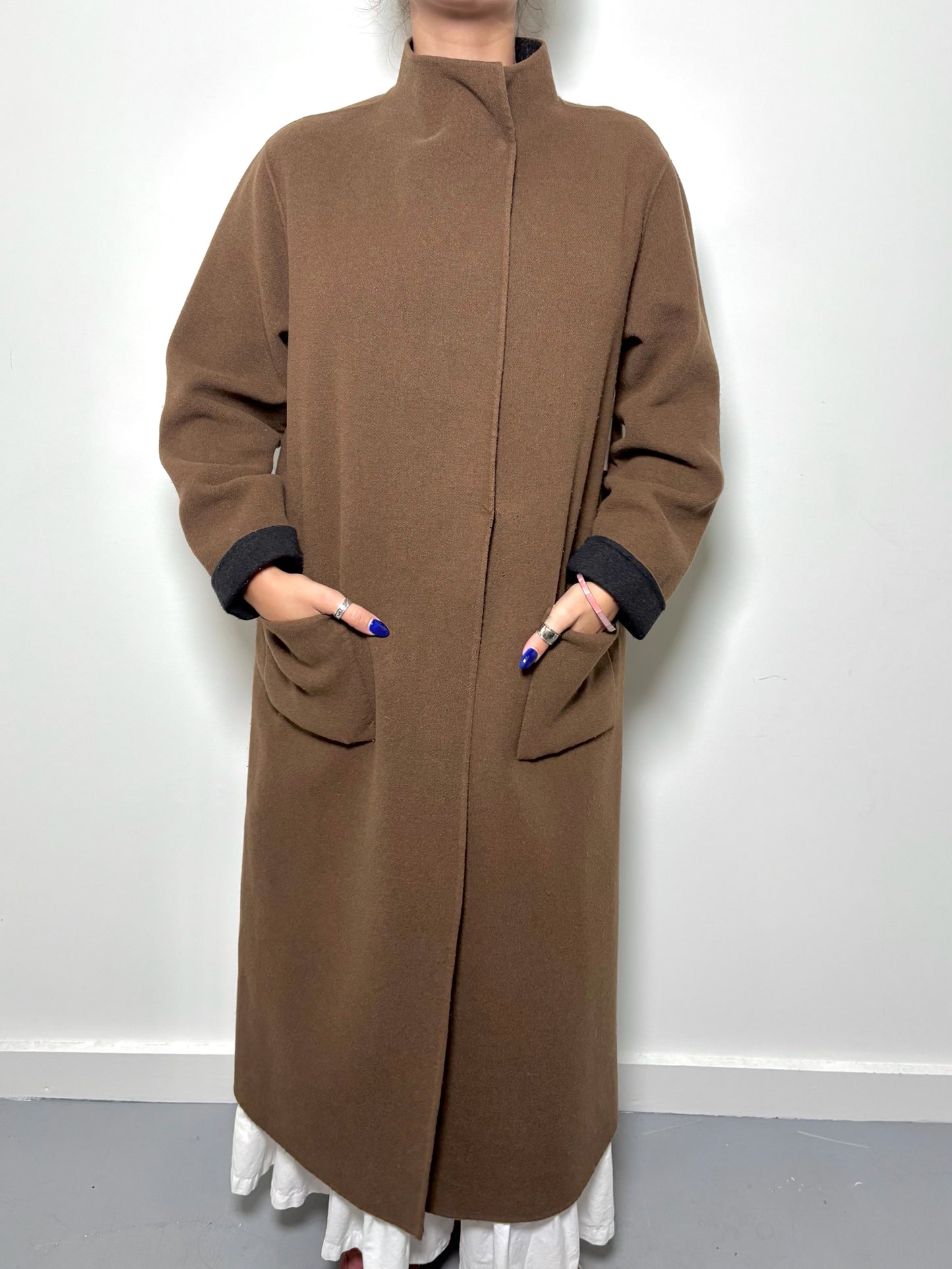Women Size L Eileen Fisher Brown, Black Solid Coat