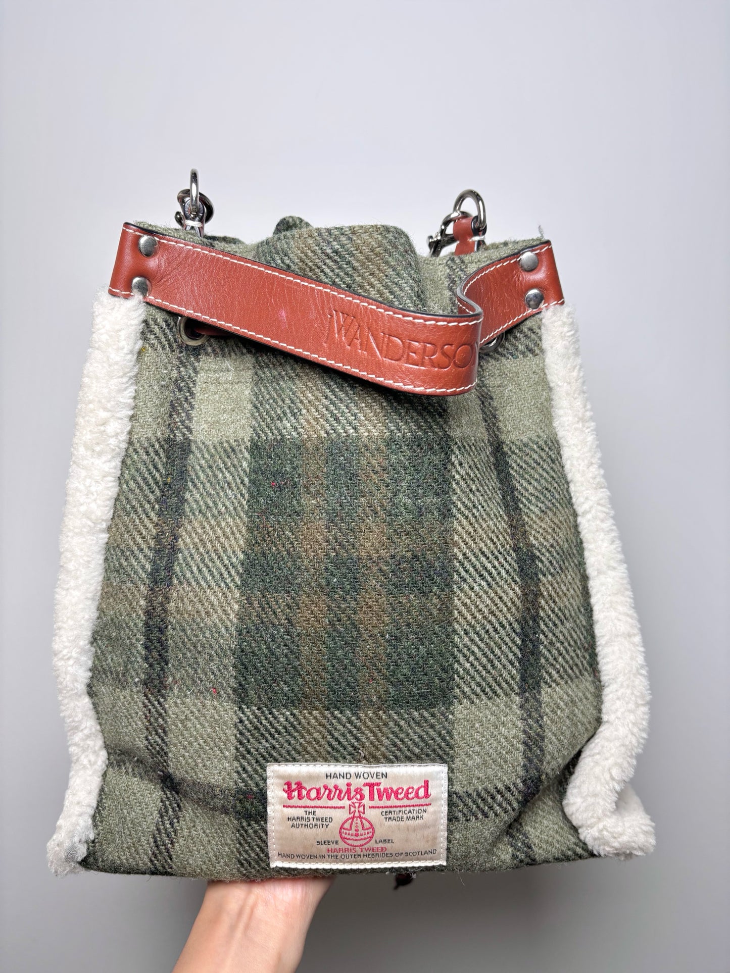 JW Anderson Plaid Wool Green Leather Bucket Purse