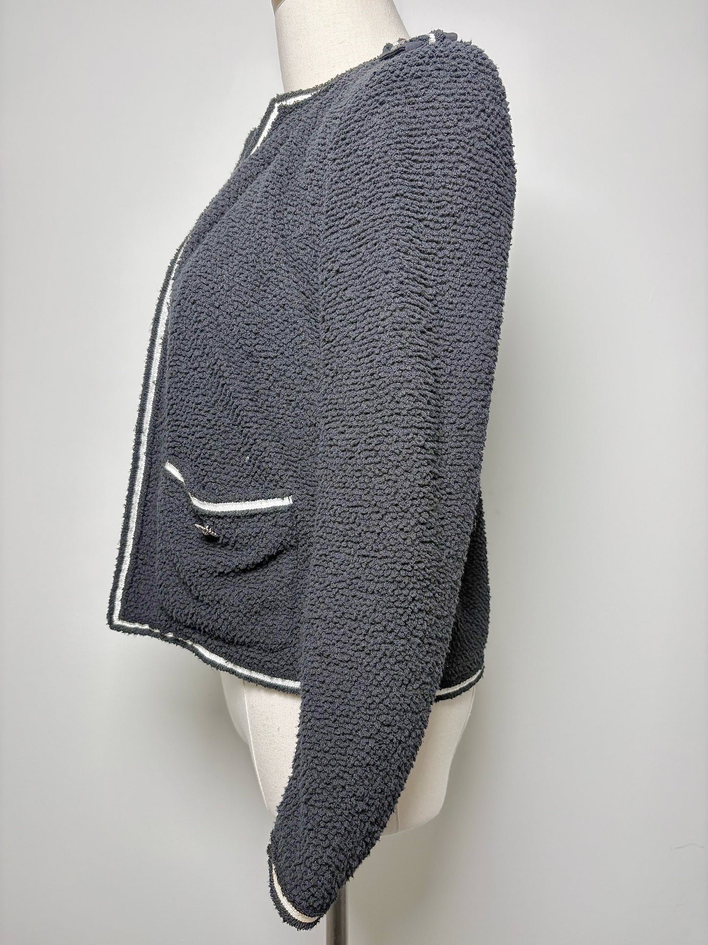 Ladies Blazer - The Kooples Black w/ White Trim Silver Daisies Open Front (S)