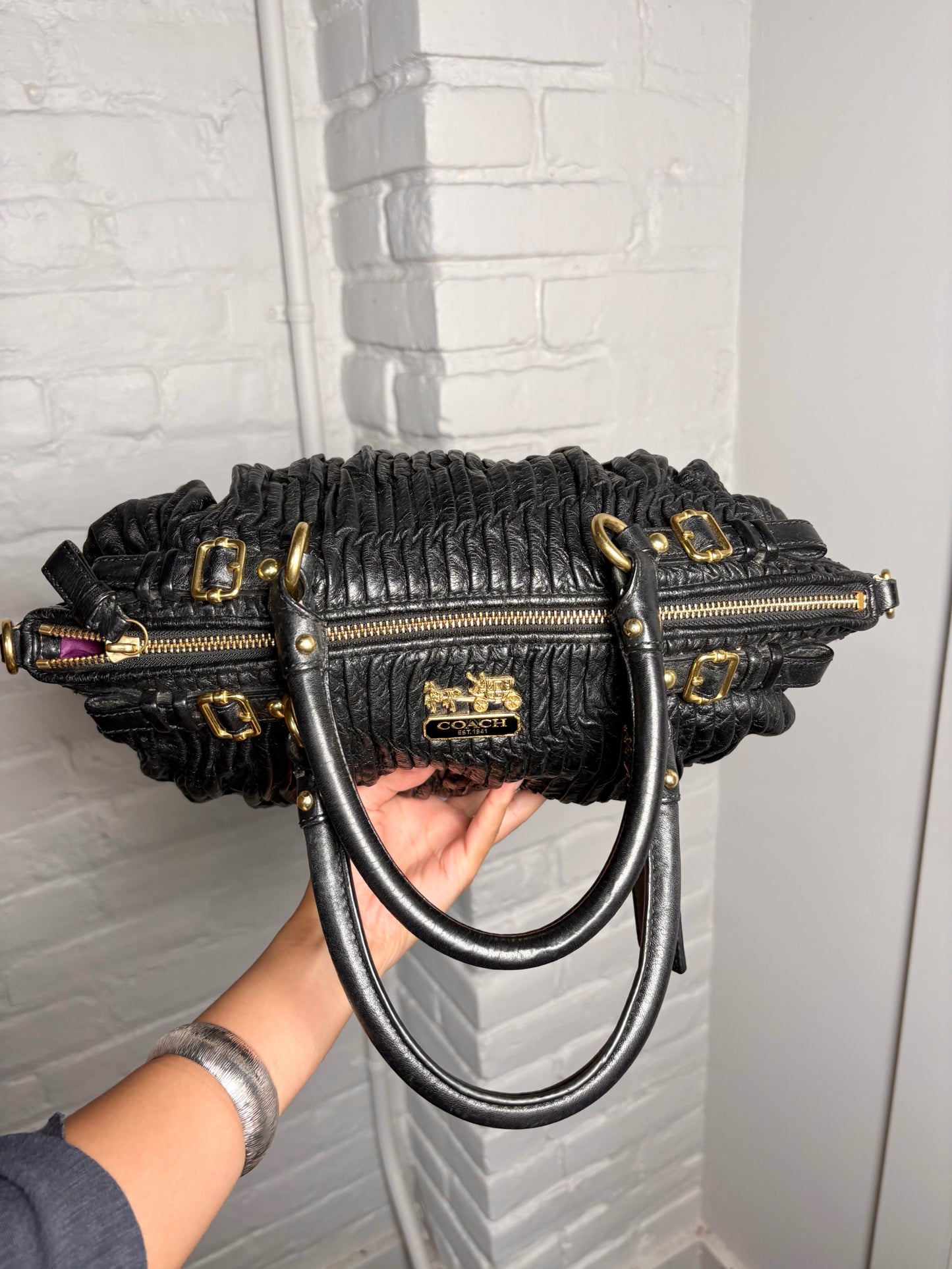 Coach Pleated Vintage Leather Black Handle#18620 Purse