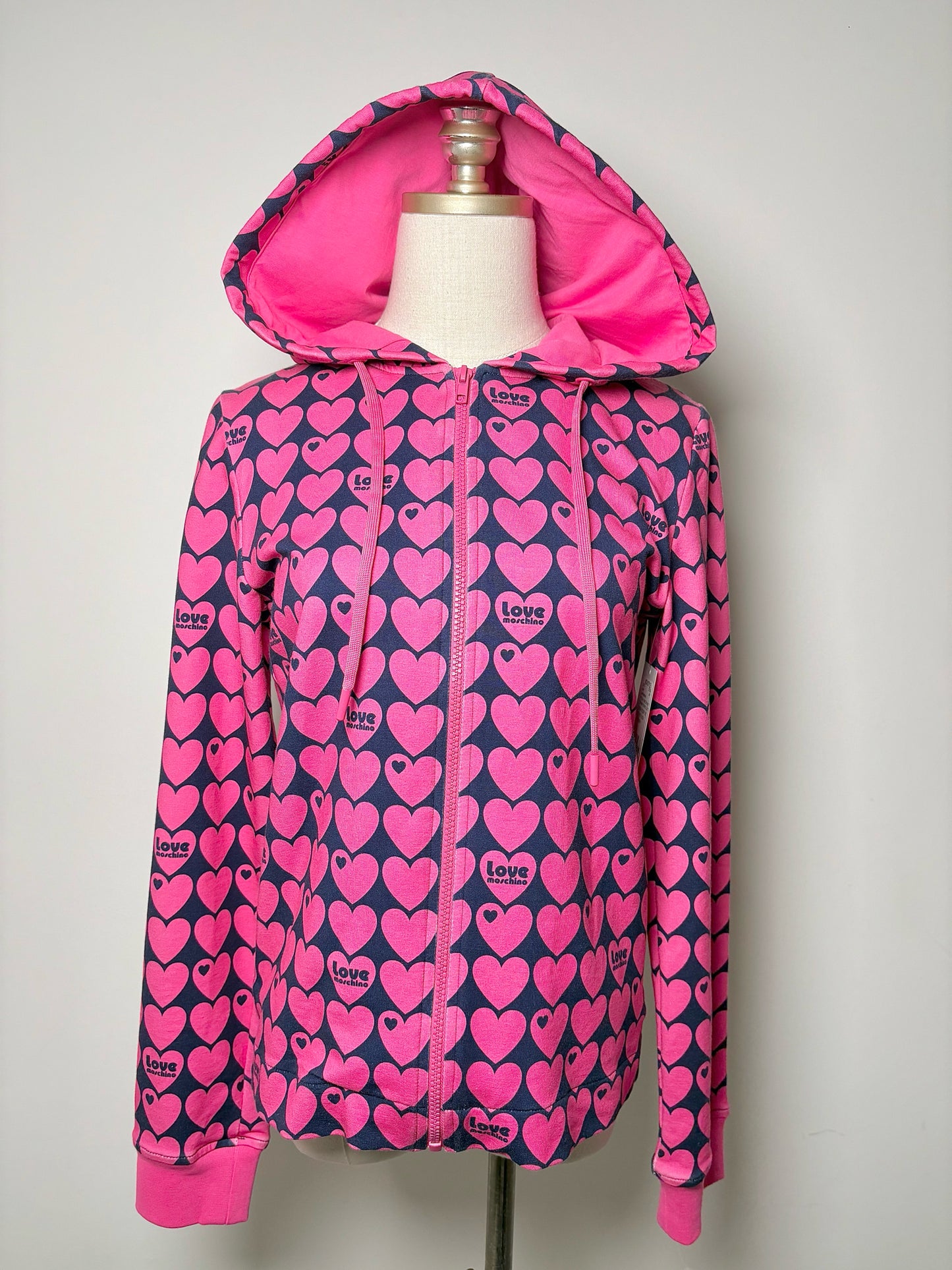 Women Size 4 (S) Love Moschino Pink, blue Hearts Cotton NWT Jacket