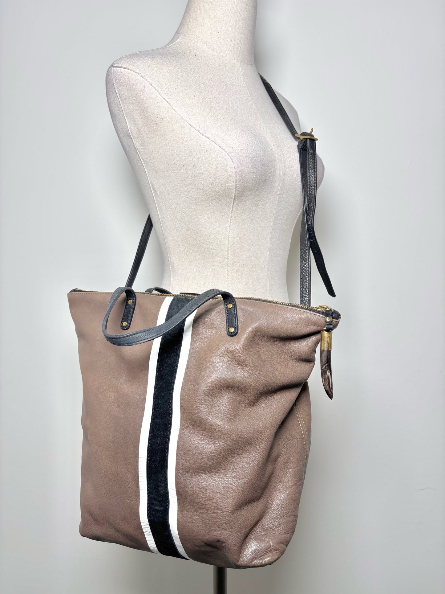 Kempton Solid w/Racer Stripe Leather Taupe Tote Purse
