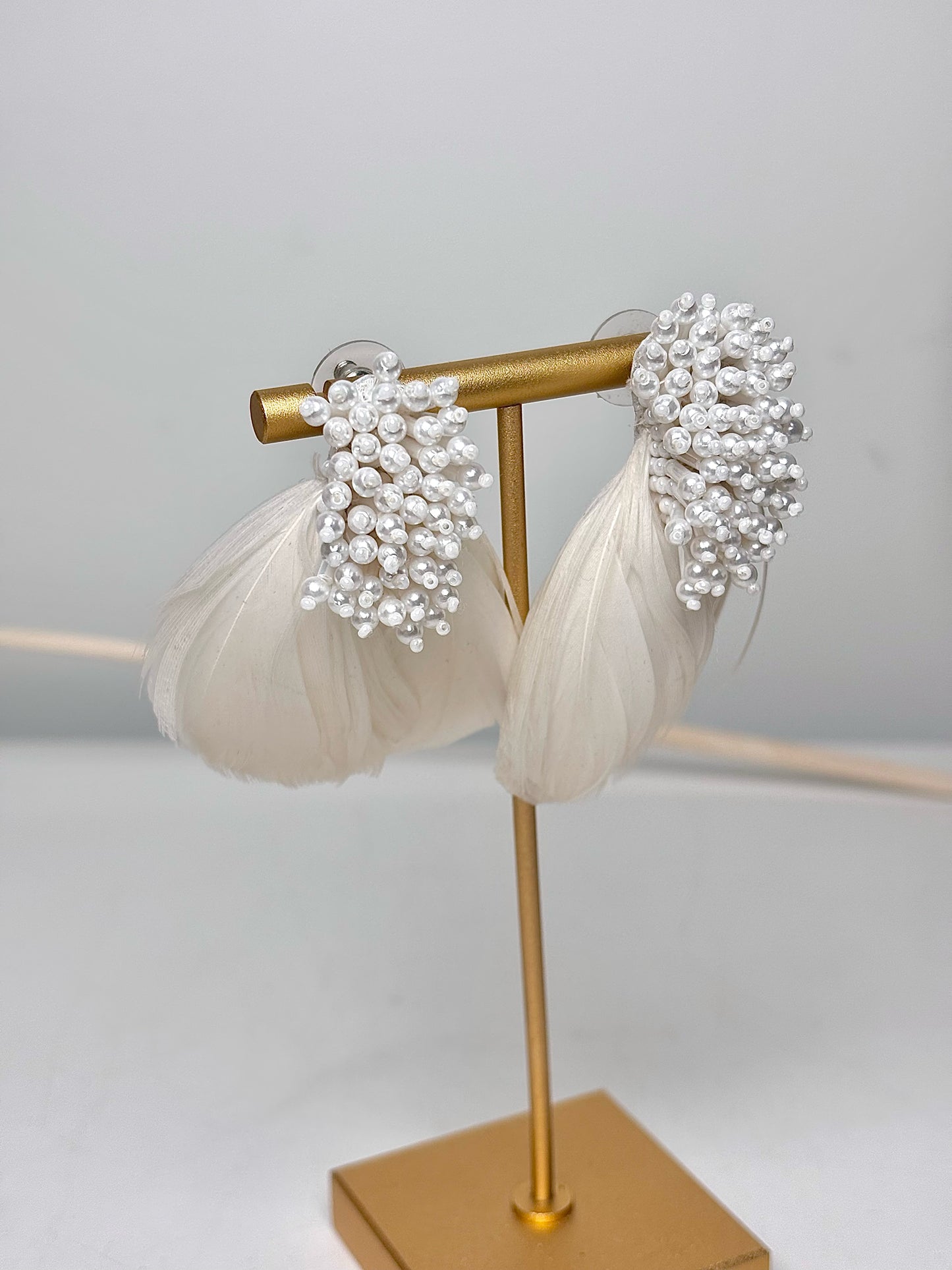 Migonne Gavigan White Feather, Beads Earrings