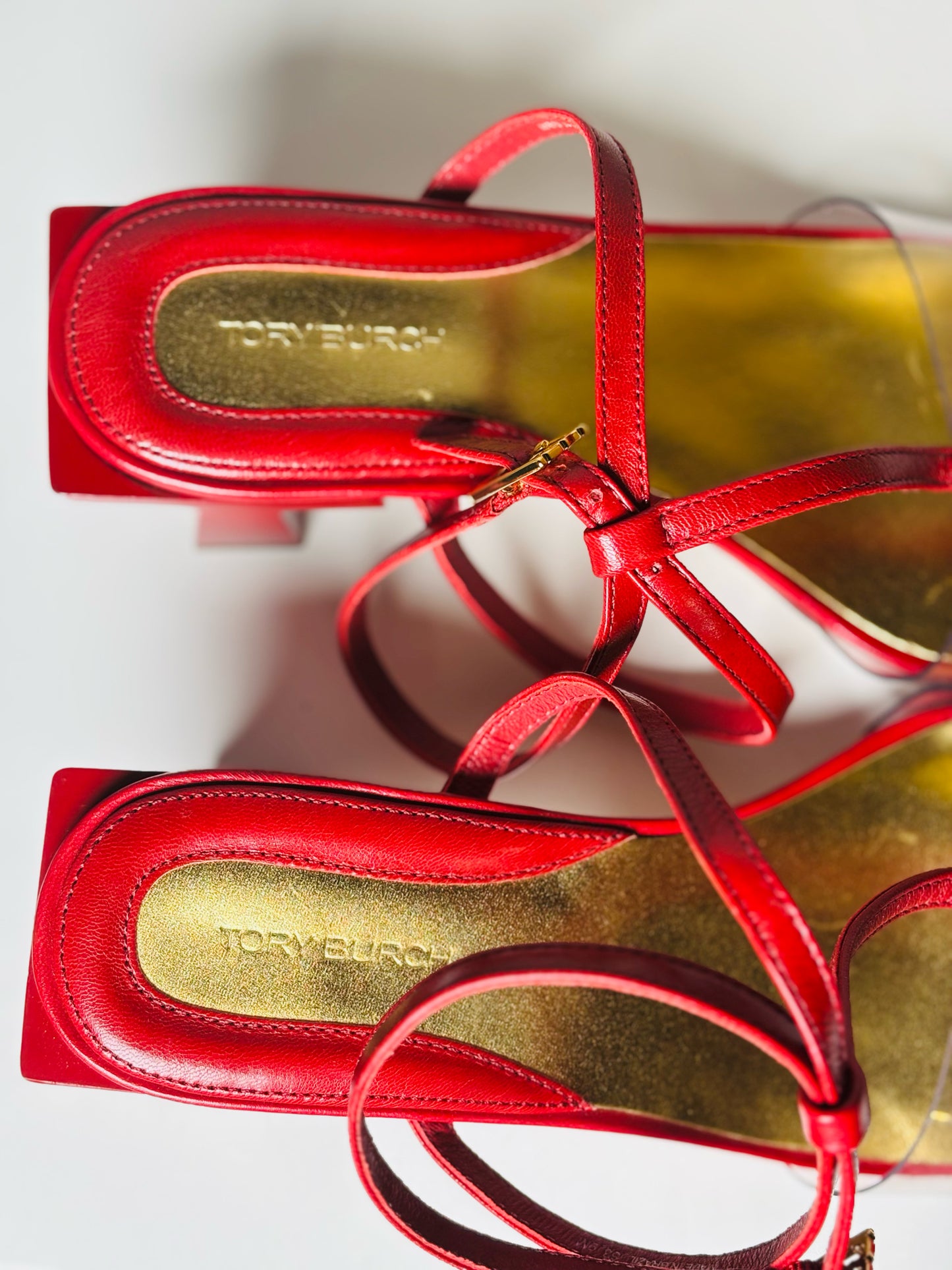 W Shoe Size 9 Tory Burch Red Leather, PVC Cowhide T-Heels Sandals